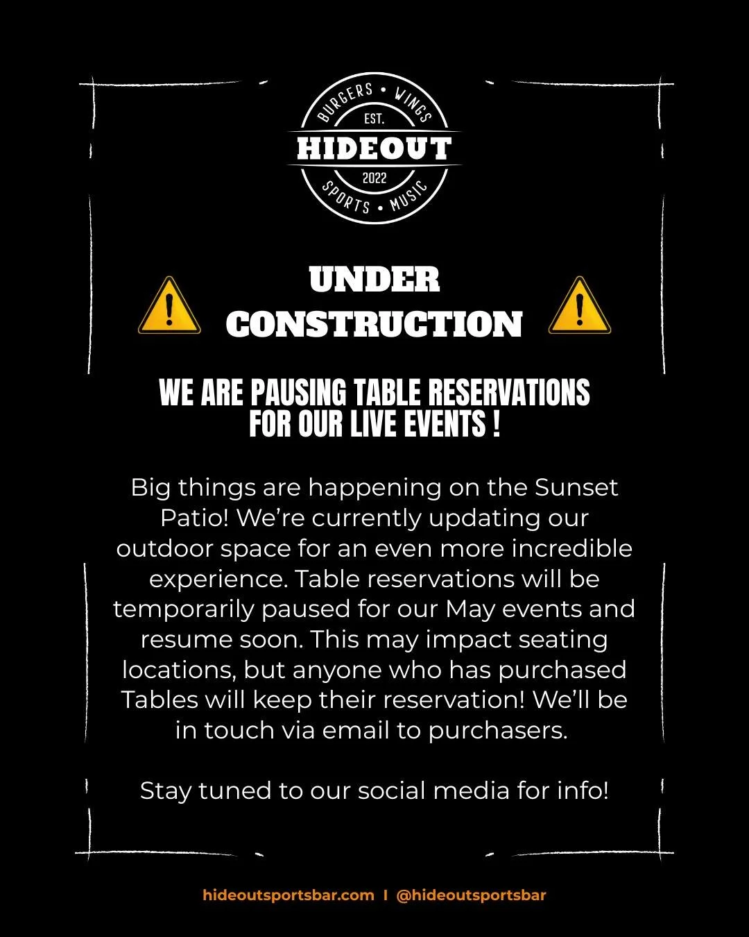 🚨 TABLE RESERVATIONS ARE PAUSED 🚨 Upgrades to the Sunset Patio are under way!! We'll be in touch with those who've already purchased tables, your reservations are secure!! Stay tuned to Hideout social media (stories &amp; posts) for info on when sa