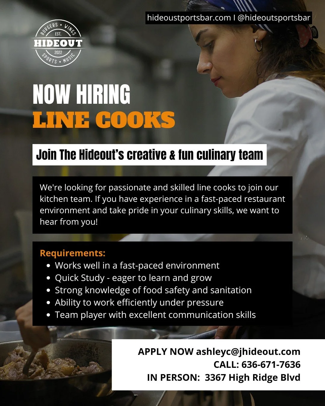 Passionate about creating in the kitchen? Want competitive pay,
consistent shifts, and a supportive team? WE WANT YOU ‼️

If you thrive in a busy kitchen and take pride in your work, call, email, or stop into the Hideout today 💪

📧 ashleyc@jhideout