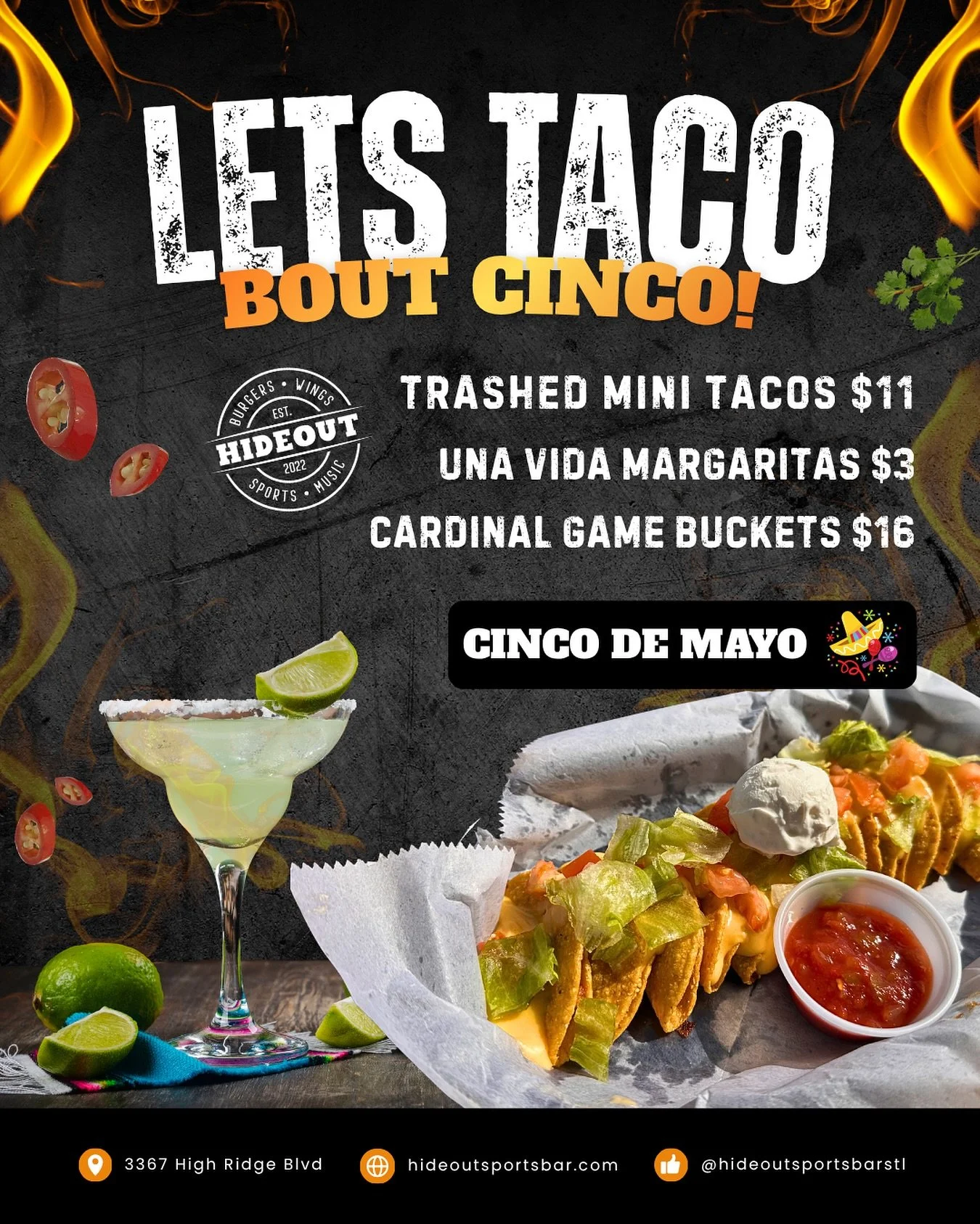 🎊 Taco Tuesday AND Cinco de Mayo 🎊 LETS GOOOO 🌮🍹 

$11 Trashed Tiny Tacos
$3 @unavidatequila Margs
$16 @cardinals v @brewers 6:45P

#cincodemayo #tacotuesday #margarita #fiesta #cincodedrinko #hideoutsportsbar
