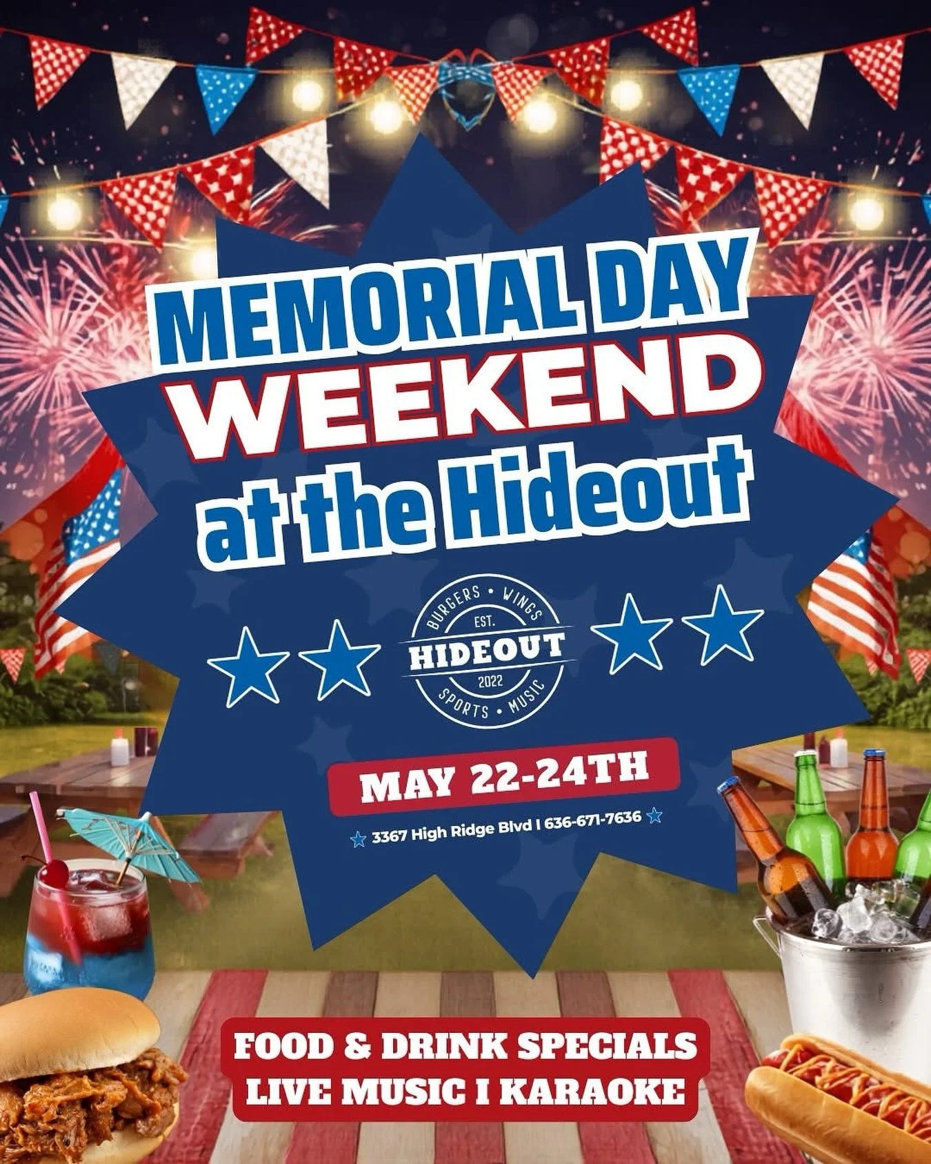 🇺🇸 WEEKEND STARTS NOW!! 🇺🇸 Join us for 3 full days at the Hideout Memorial Day party ‼️ We&rsquo;ve got the fun, music, cold drinks and the best eats in town. You just bring the friends &amp; family, and let&rsquo;s celebrate the start of the sum