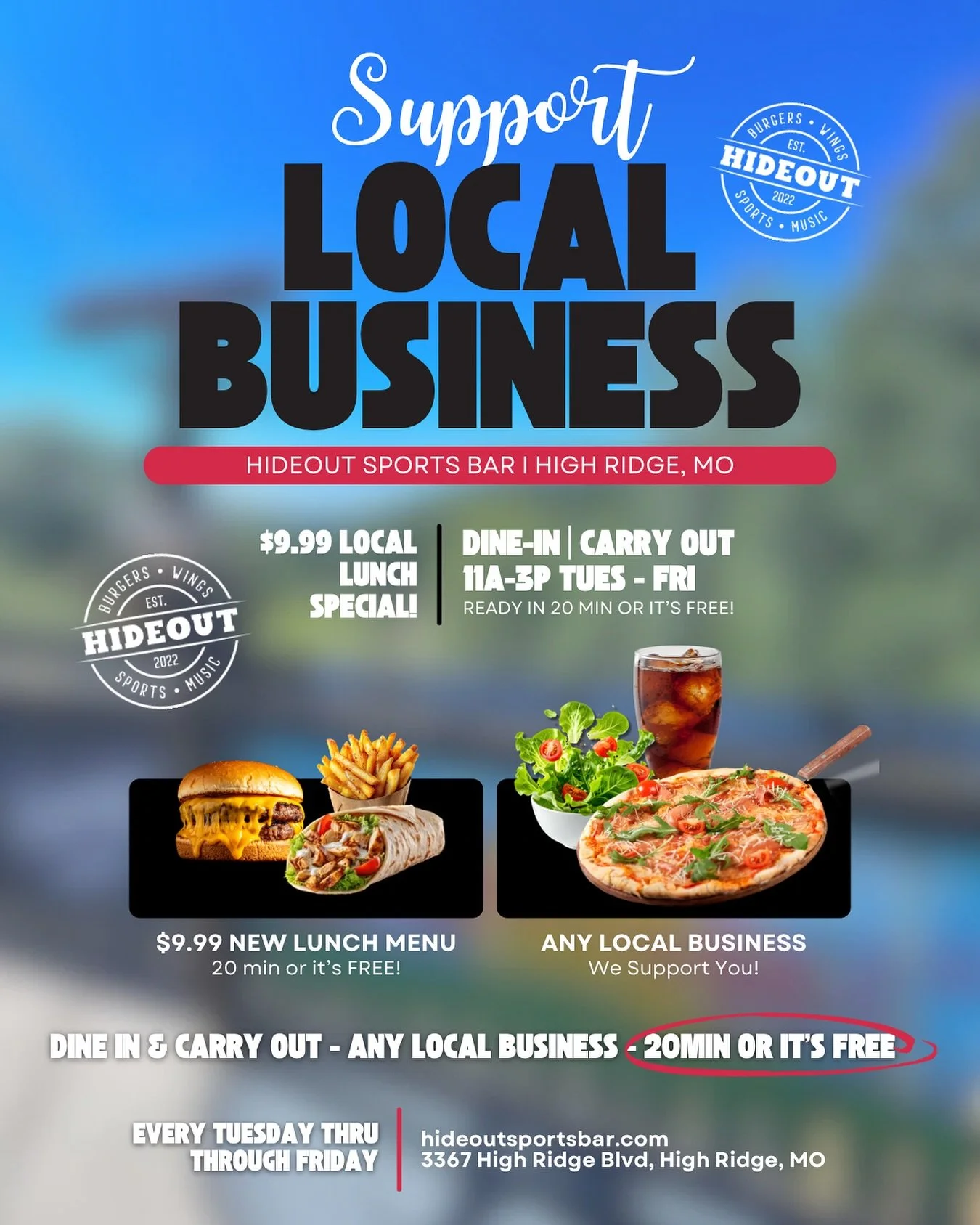 We know you&rsquo;re hungry, High Ridge! Hit up the Hideout every TUES-FRI from 11a-3p for our Local Lunch Special 💥 All local businesses enjoy a NEW Lunch Menu meal for just $9.99‼️ Ready in 20 min or it&rsquo;s 🆓

Now more than ever, it&rsquo;s i
