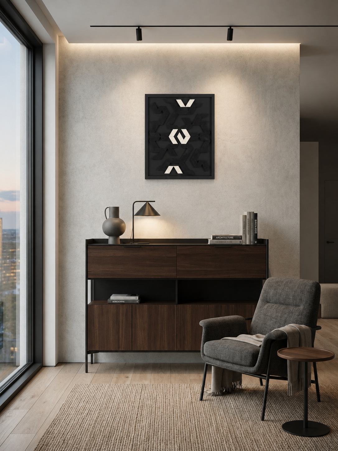 convergence-tableau-bois-geometrie-graphique-noir-et-blanc-lignes-cercles-profondeur-matiere-cadre-symetrie-courbes-composition-art-mural.png