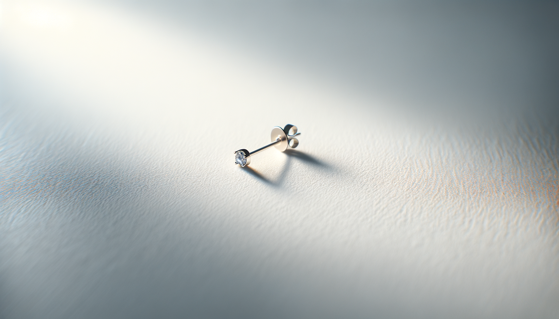 A single stud earring with a small gemstone lies on a textured white surface, casting a shadow.