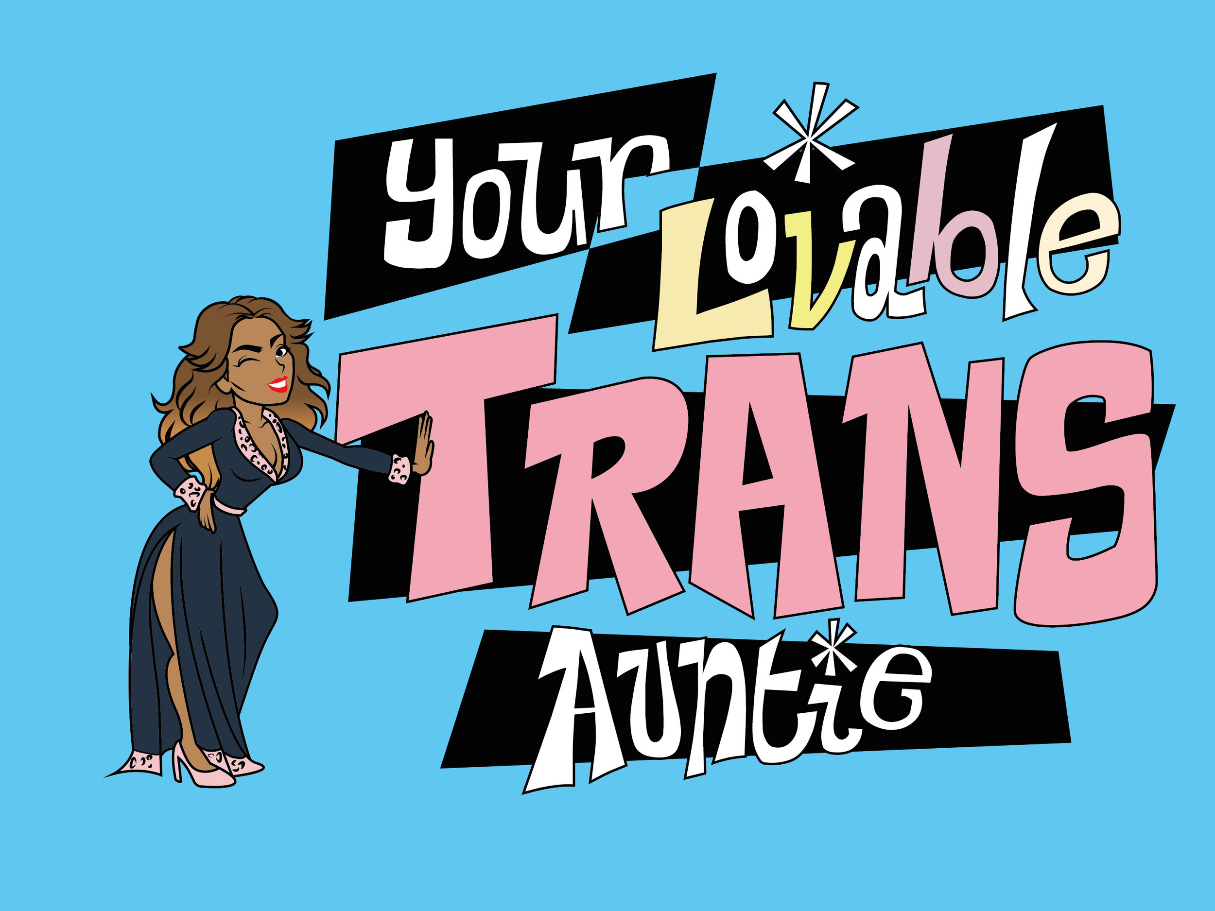 Cartoon illustration of a woman in a fashionable navy dress with pink accents, pointing at colorful text that reads 'Your Love Trans is Aging' on a blue background.