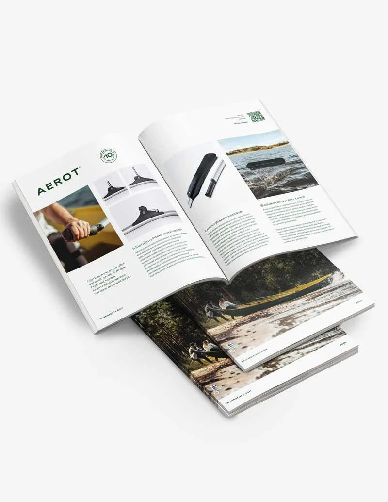 Kaksi avointa esitettä, joissa on tekstiä ja kuvia melontavarusteista, kuten kypäristä, meloista ja melontalaitteesta vesistössä.