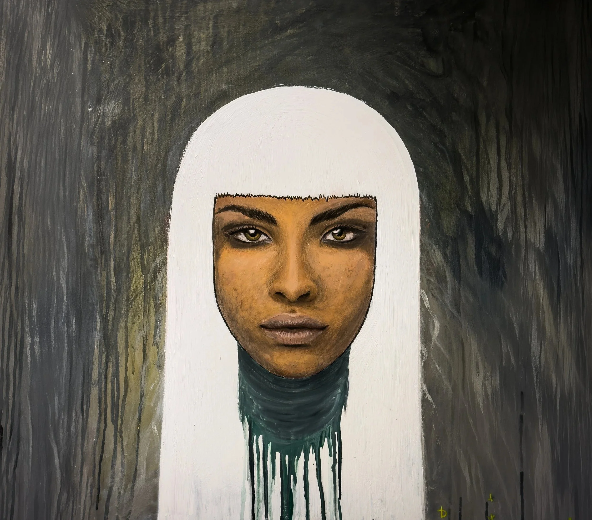 Esittävä tai tulkittu kuva naisesta, jolla on tummat hiukset ja ruskeat silmät, maalattu taulu.