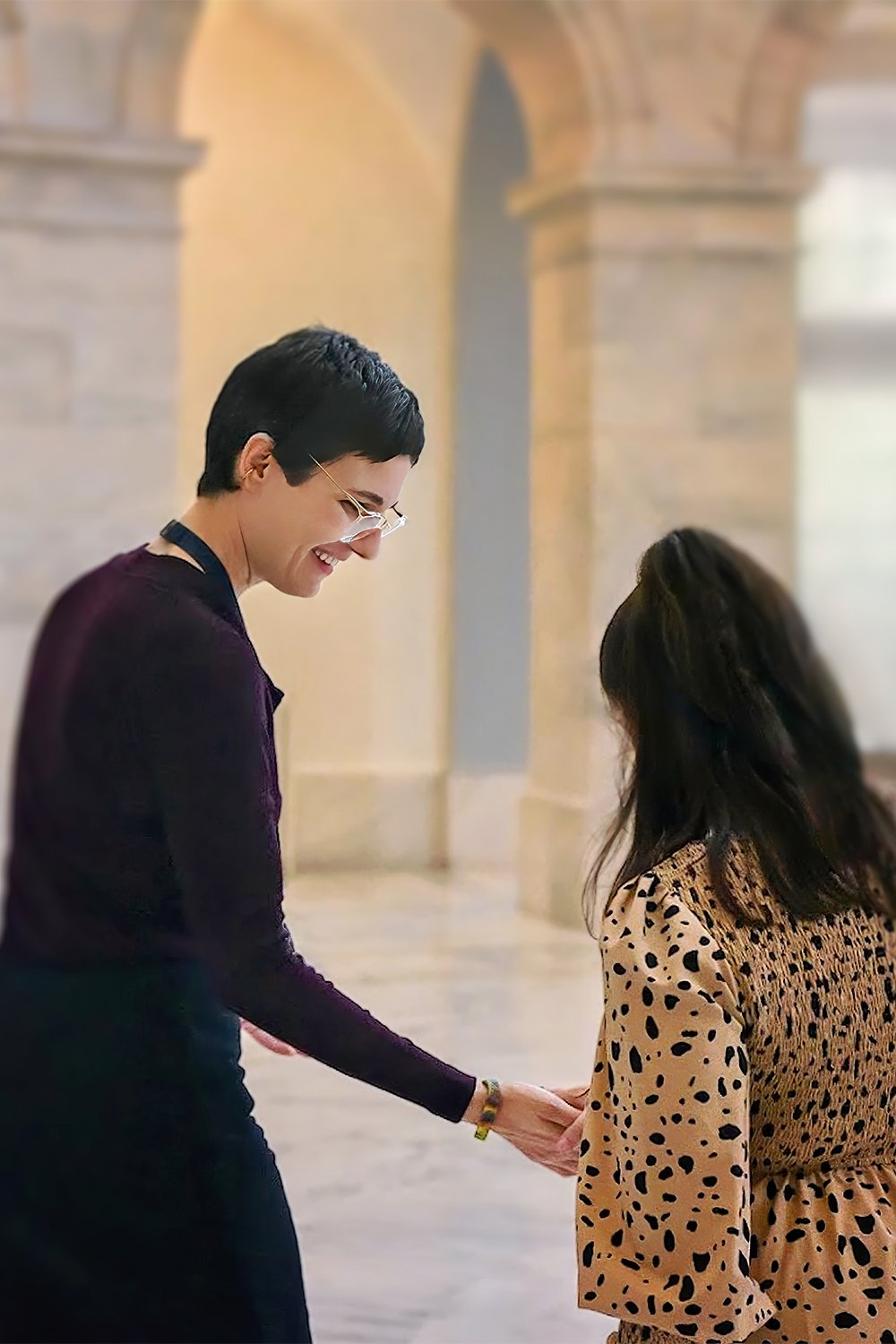 NCSA Tennessee State Chair assists a young woman with severe autism at the Russell Senate Building in Washington, D.C. during NCSA policy advocacy