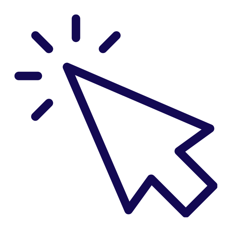 Outline of a computer mouse cursor clicking, with lines indicating clicking action, in dark blue on a transparent background.