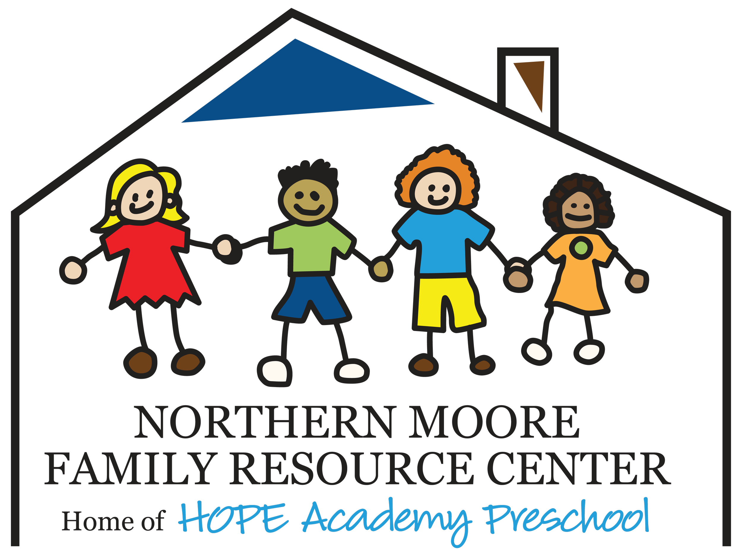 Children holding hands in front of a house, with text 'Northern Moore Family Resource Center' and 'Home of HOPE Academy Preschool'