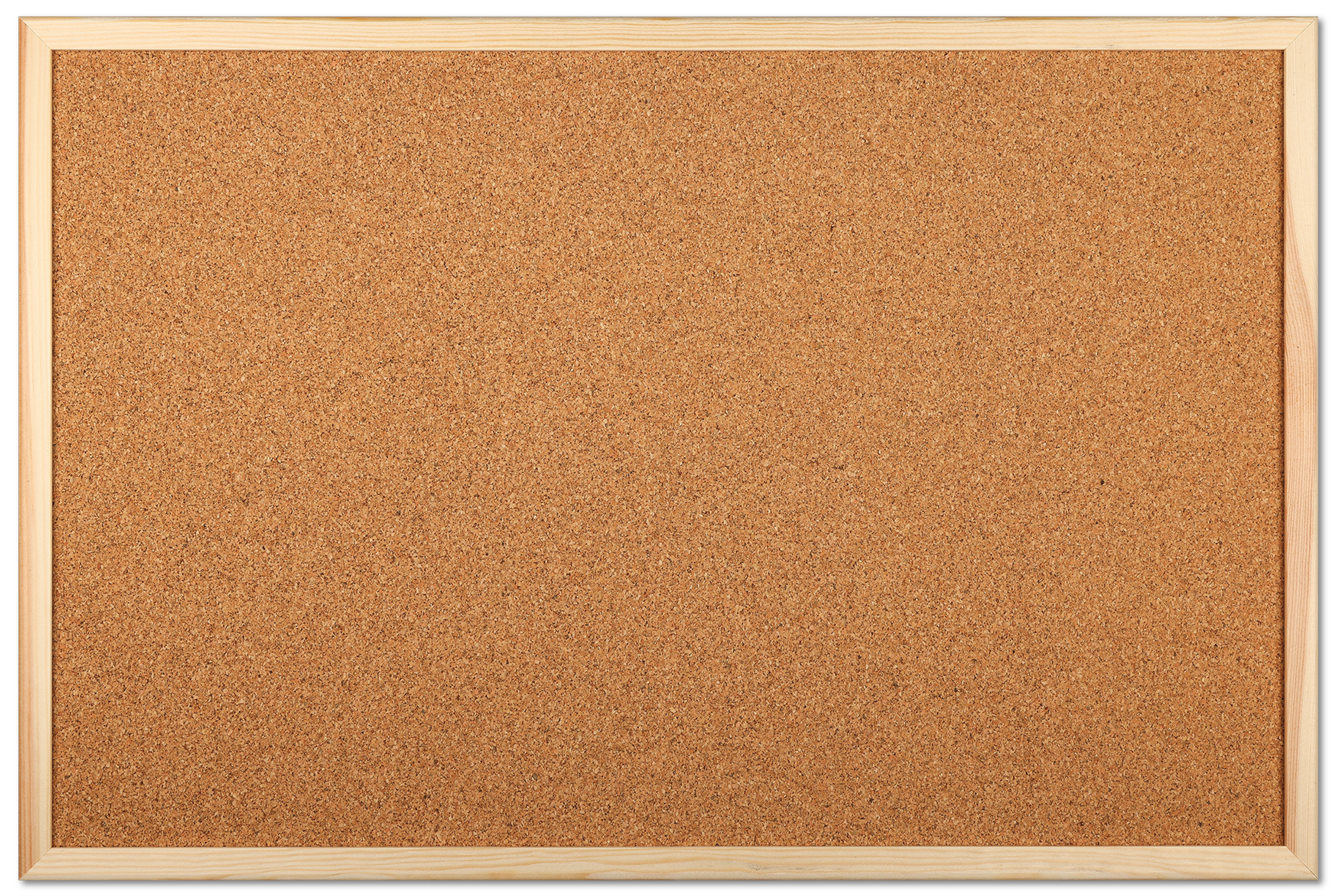 A blank corkboard with a wooden frame.