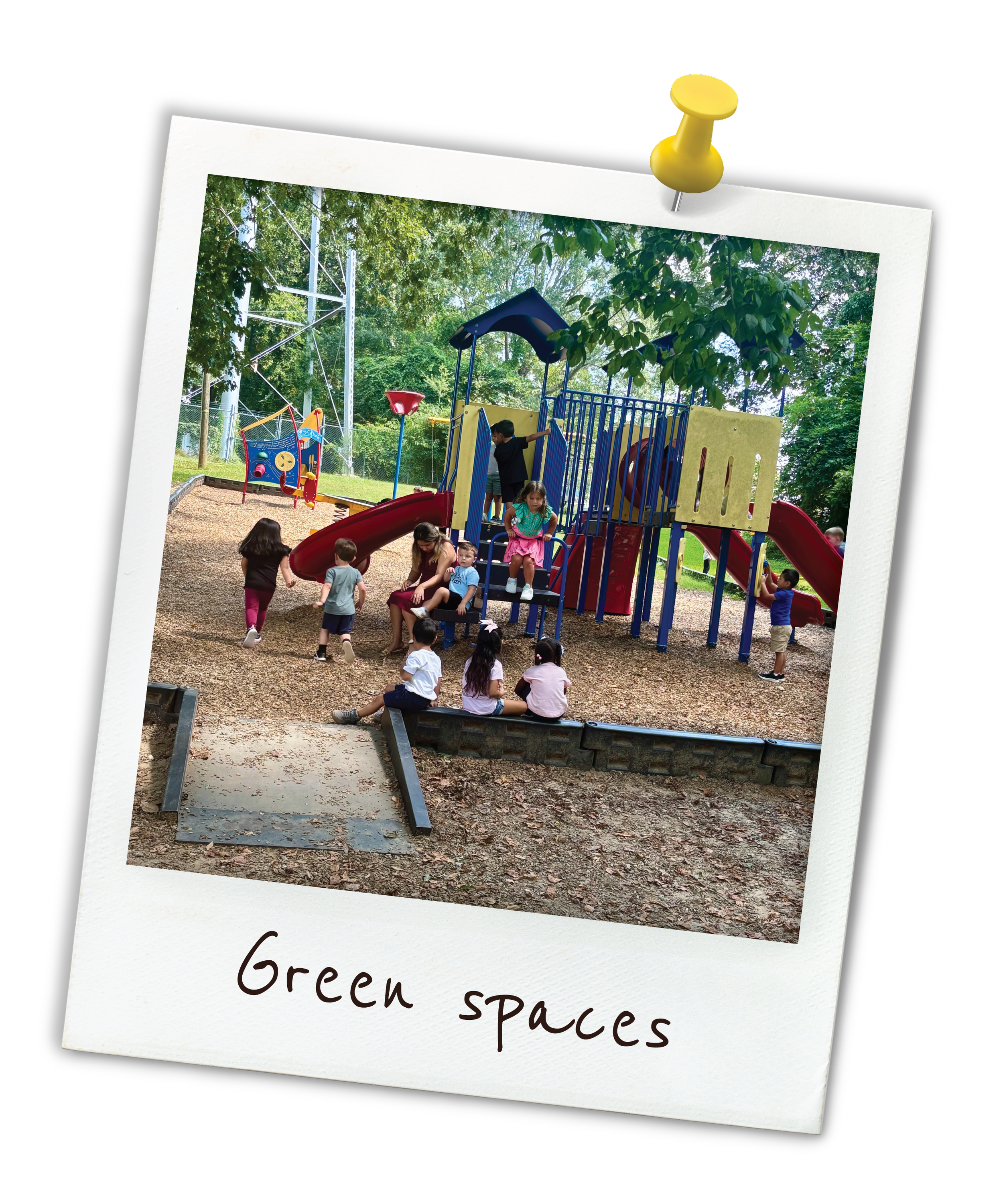 Children playing on a colorful playground with slides and climbing structures in a green park.