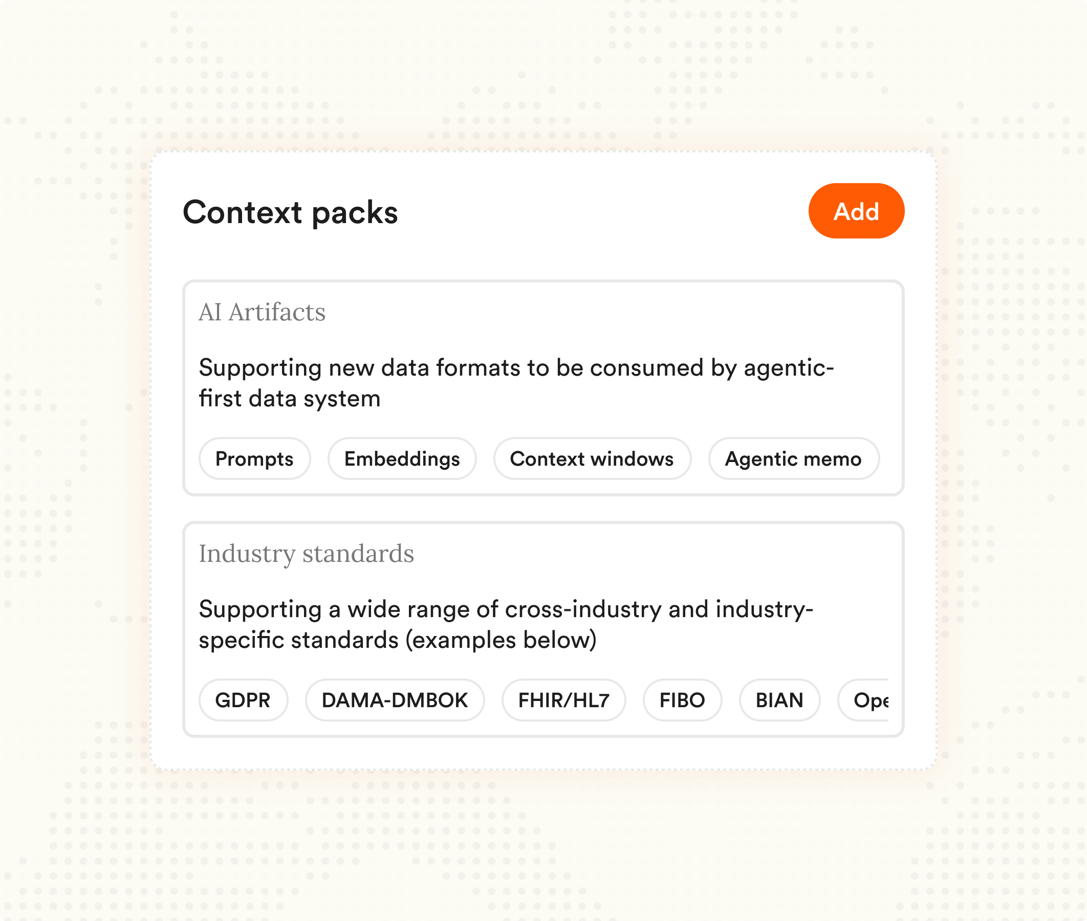 Screenshot of a data management interface titled 'Context packs' with sections on 'AI Artifacts' and 'Industry standards' and a red 'Add' button at the top right.