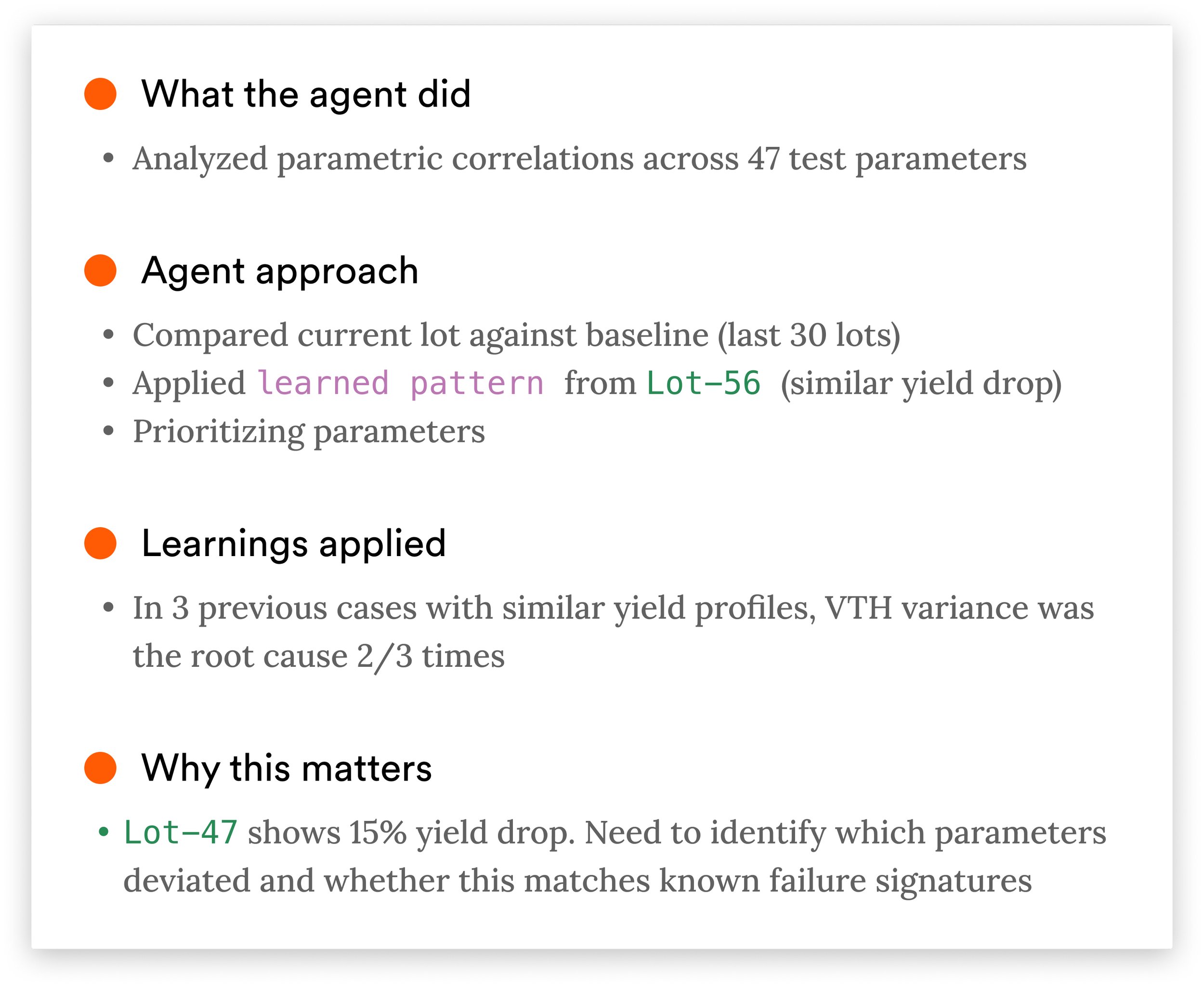Slide presentation with bulleted points on what an agent did, agent approach, learnings applied, and why this matters, featuring color-coded bullet points.