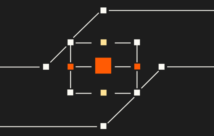 A diagram with a central large orange square surrounded by smaller white, yellow, and orange squares connected by lines on a black background.
