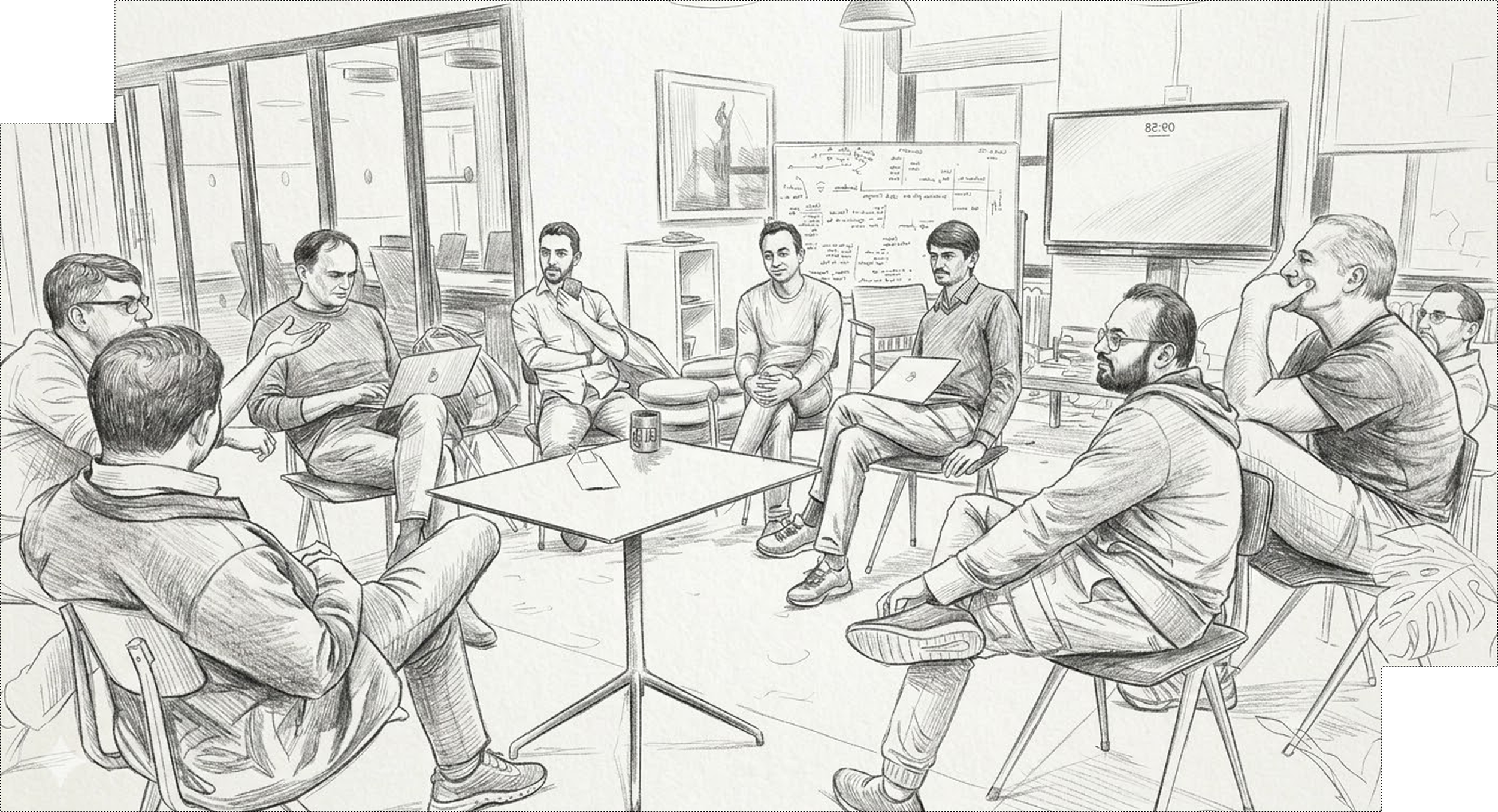 Sketch of a diverse group of ten people participating in a meeting in a modern, glass-walled conference room. Some are seated around a table, using laptops, while others are engaged in discussion, with one person gesturing. The room contains a whiteboard, a large monitor, and wall art.