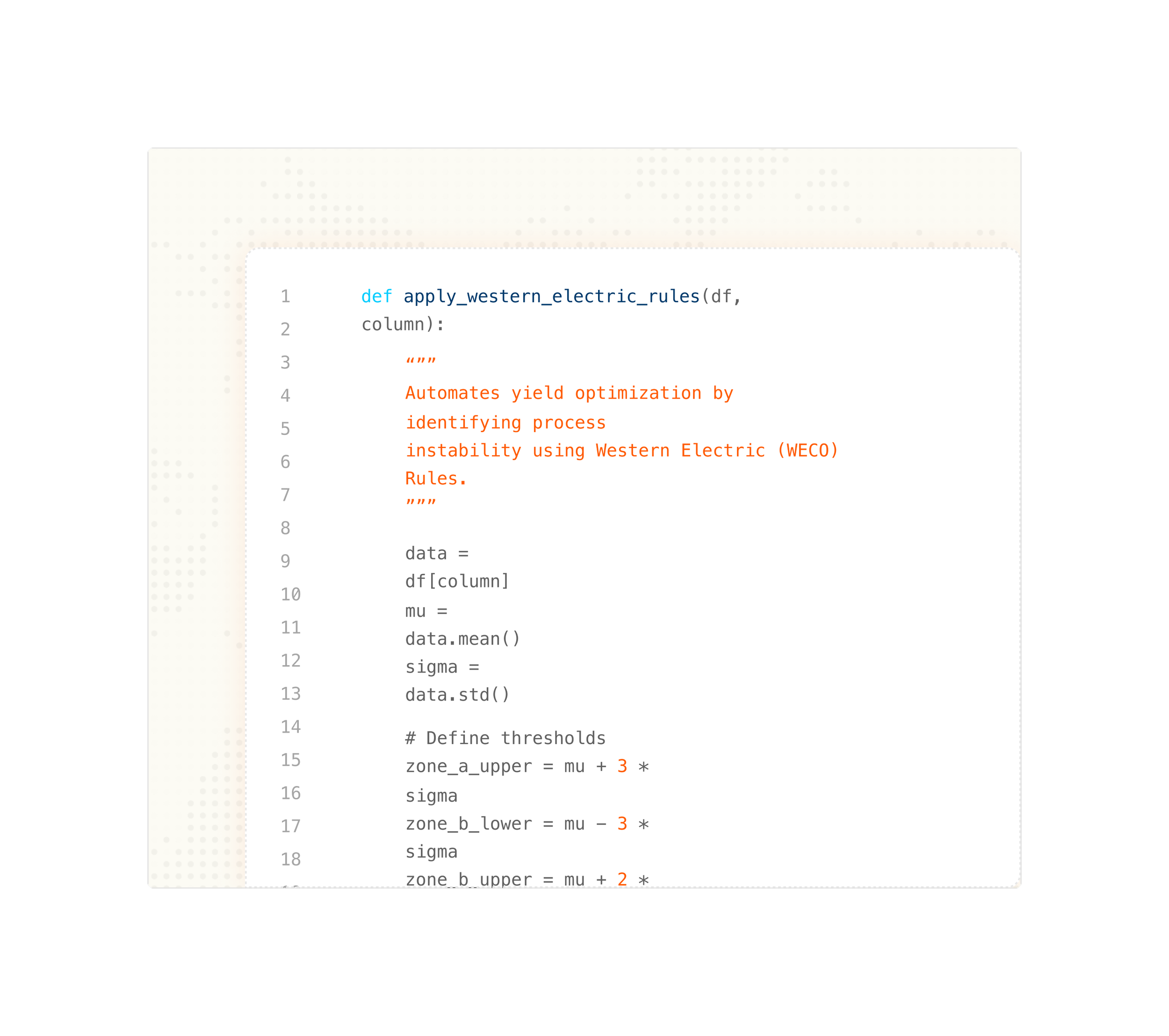 Screenshot of Python code for applying Western Electric Rules to identify process instability in data analysis.