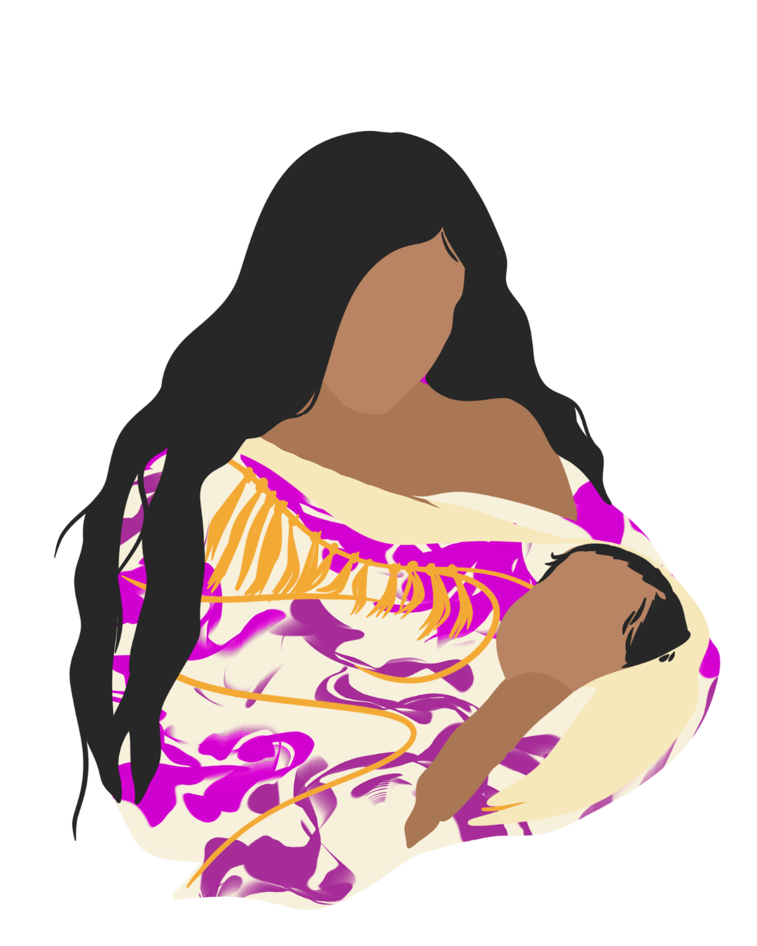 Digital illustration of a person with long black hair holding a newborn baby, wearing a colorful patterned dress with purple, white, and gold accents.