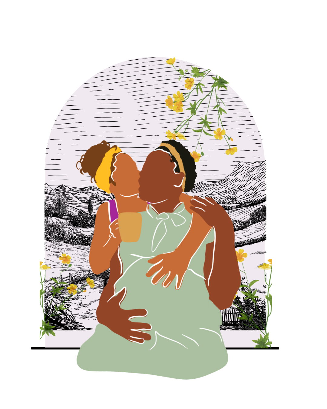 A couple sharing a kiss while touch they both have a hand on the pregnant one's stomach.