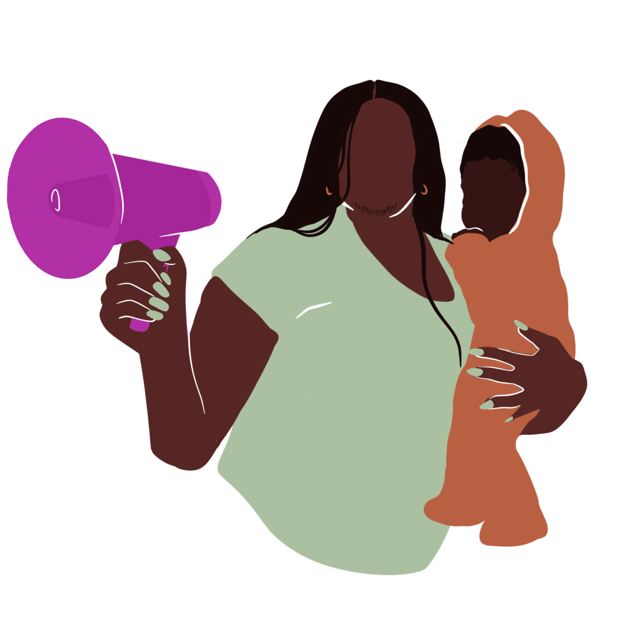 Illustration of a person holding a child in one arm and a purple megaphone in the other, with a large pink and orange flower at the bottom.