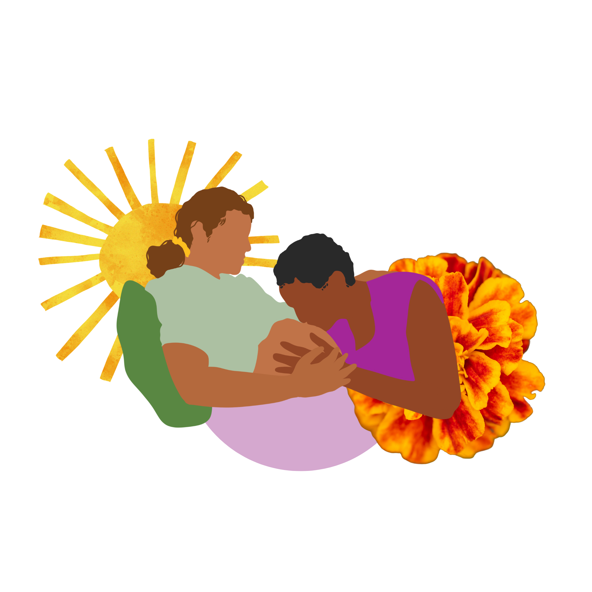 Two people sharing a tender moment, one is holding the other's hand while they kiss their pregnant stomach.