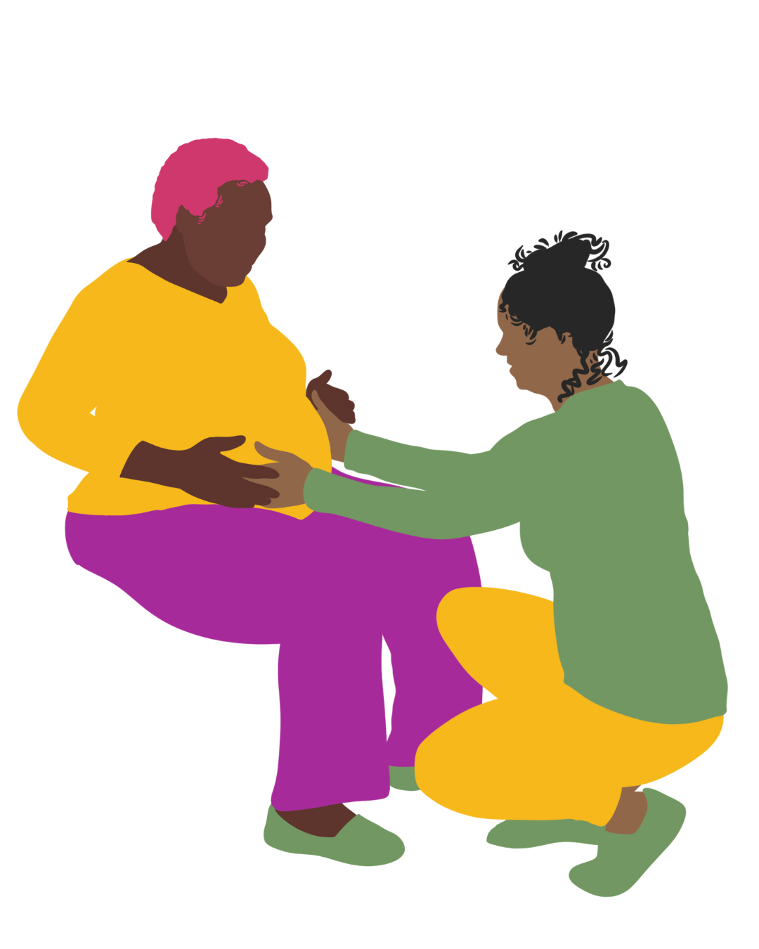 An illustration of two people. One person is sitting is pregnant and is wearing a yellow top and purple pants. The other has with curly black hair tied up, is kneeling and is wearing a green top and yellow pants, holding the other person's stomach.