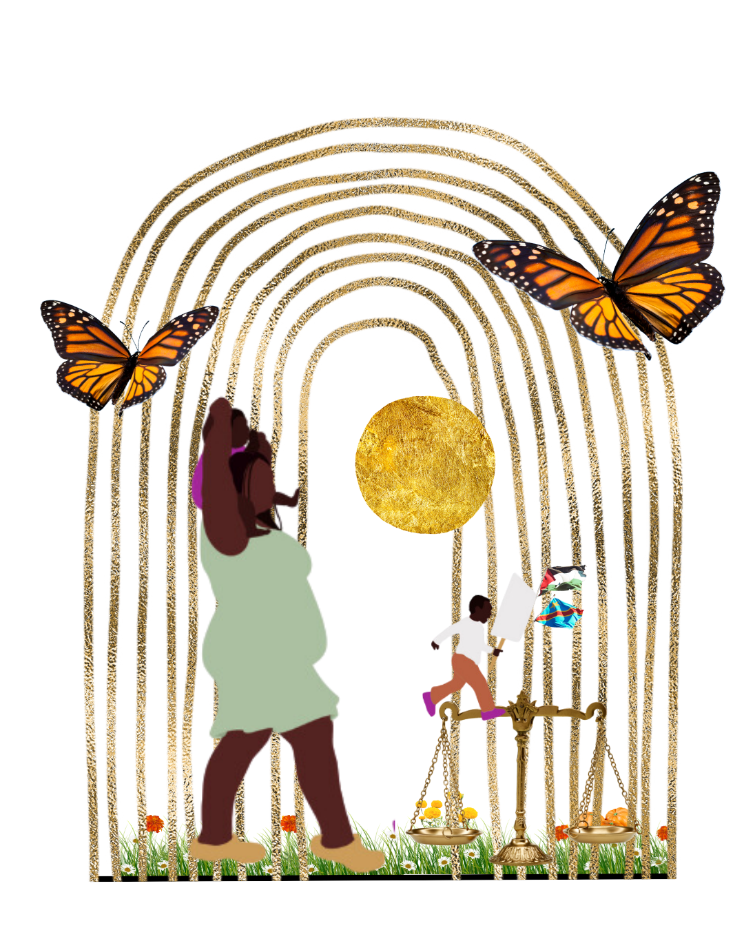 A digital collage featuring a person with brown hair and a green dress, a small child painting at an easel, golden scales, a large gold disc, two monarch butterflies, and a landscape with grass and flowers.