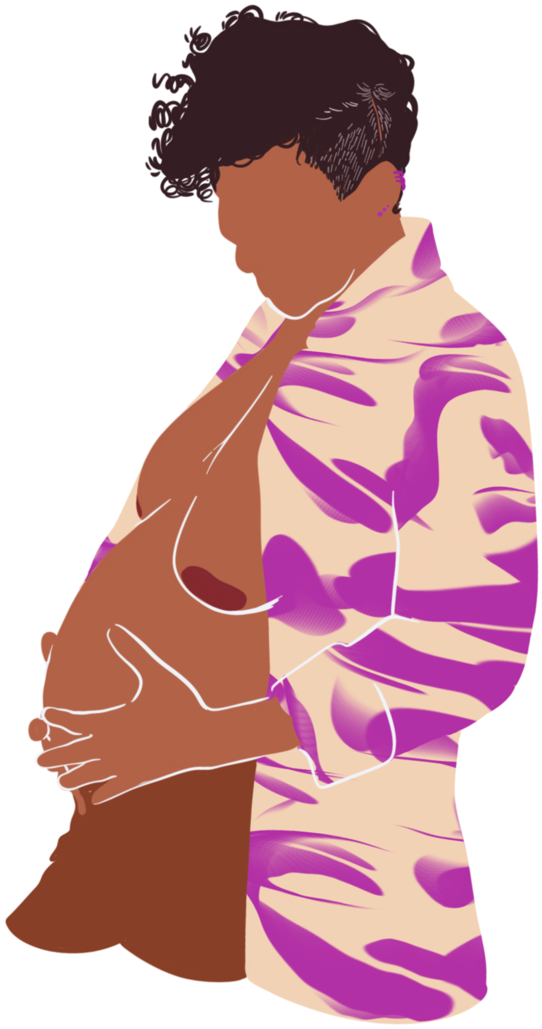 Illustration of a person with short, curly dark hair, wearing a light-colored top with purple abstract patterns, resting their hands on their stomach.