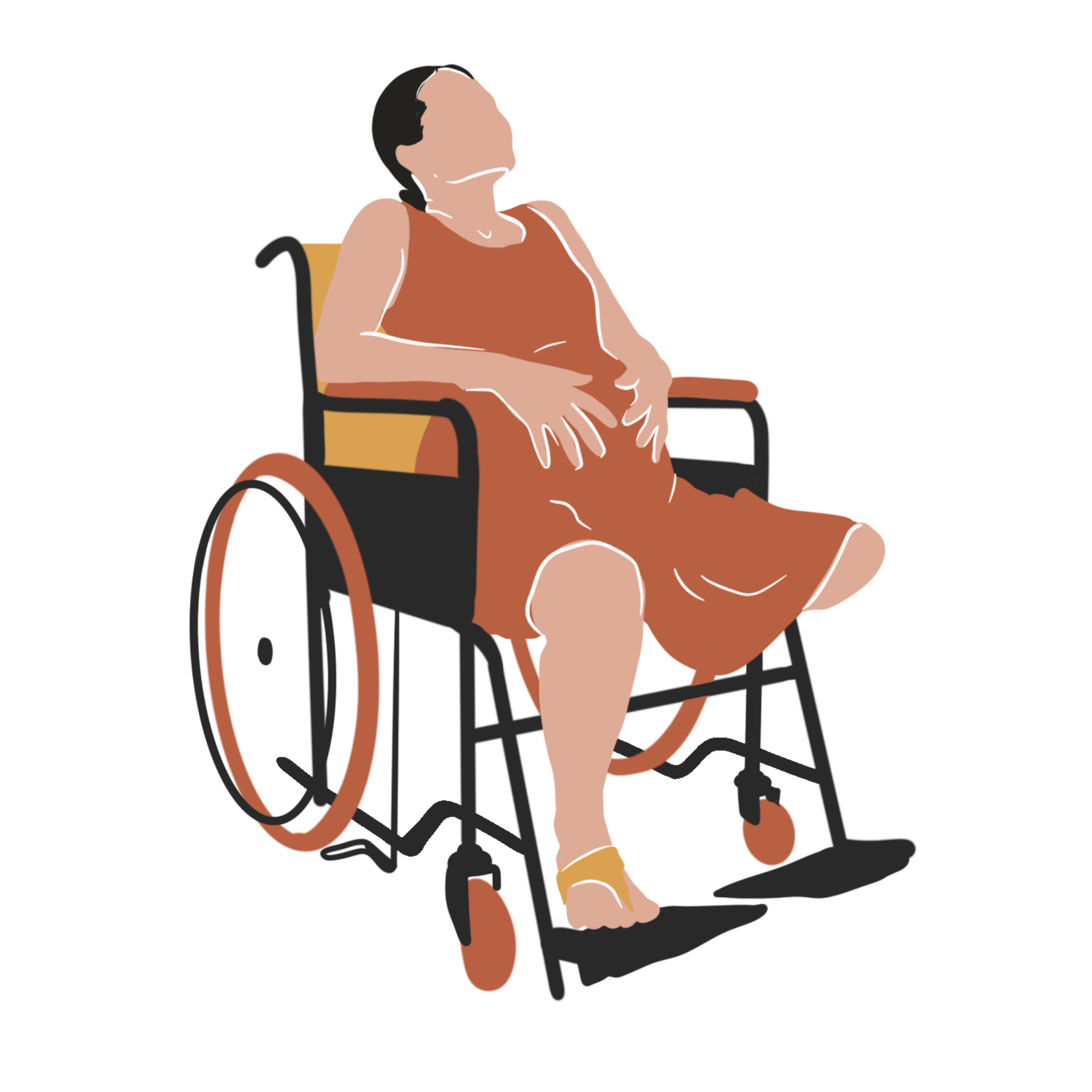 An illustration of a person with short black hair sitting in a wheelchair, wearing a brown sleeveless dress, holding their stomach.