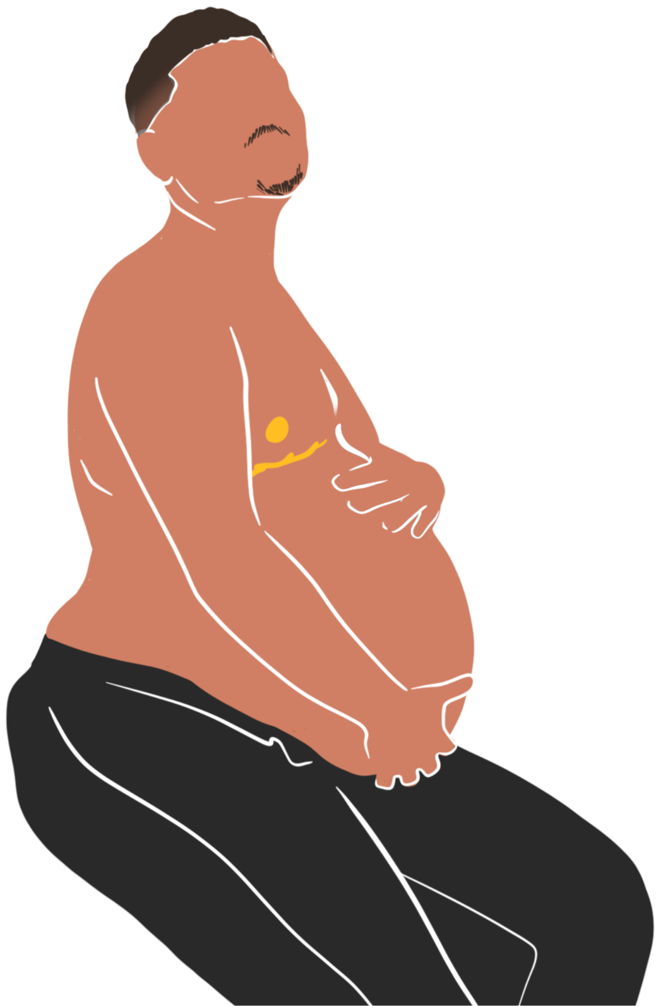 A digital illustration of a pregnant person with dark hair, wearing black pants, sitting with their hands on their stomach.