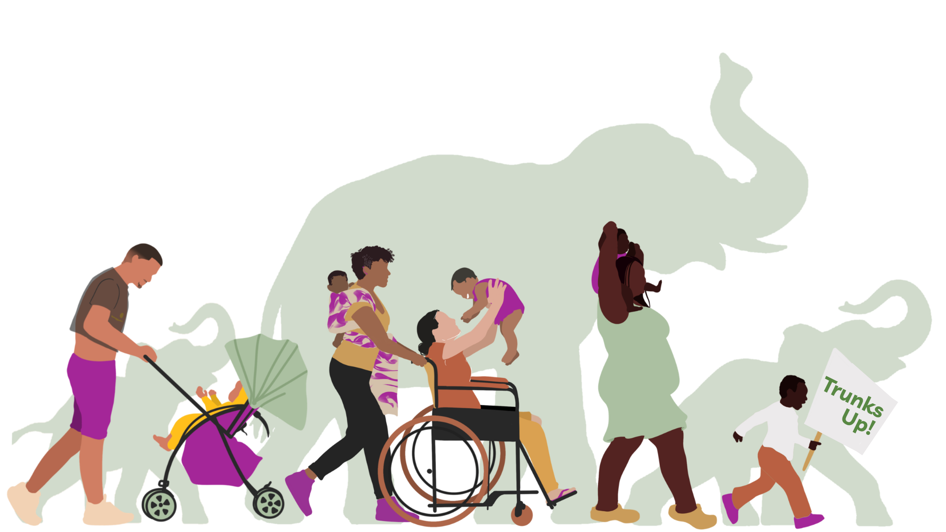 A parade of different types of people & families walking together with an outline of an elephant family in the background