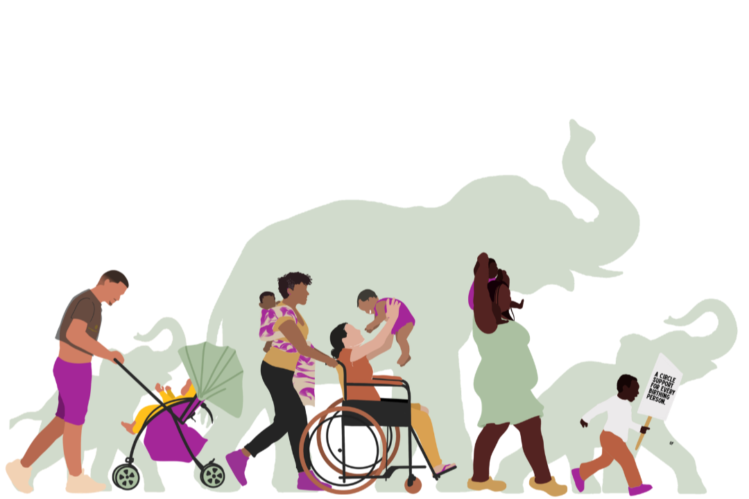 A parade of different types of people & families walking together with an outline of an elephant family in the background