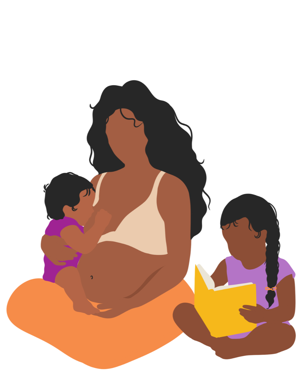 Illustration of a person breastfeeding their toddler while a young girl sits nearby reading a book.