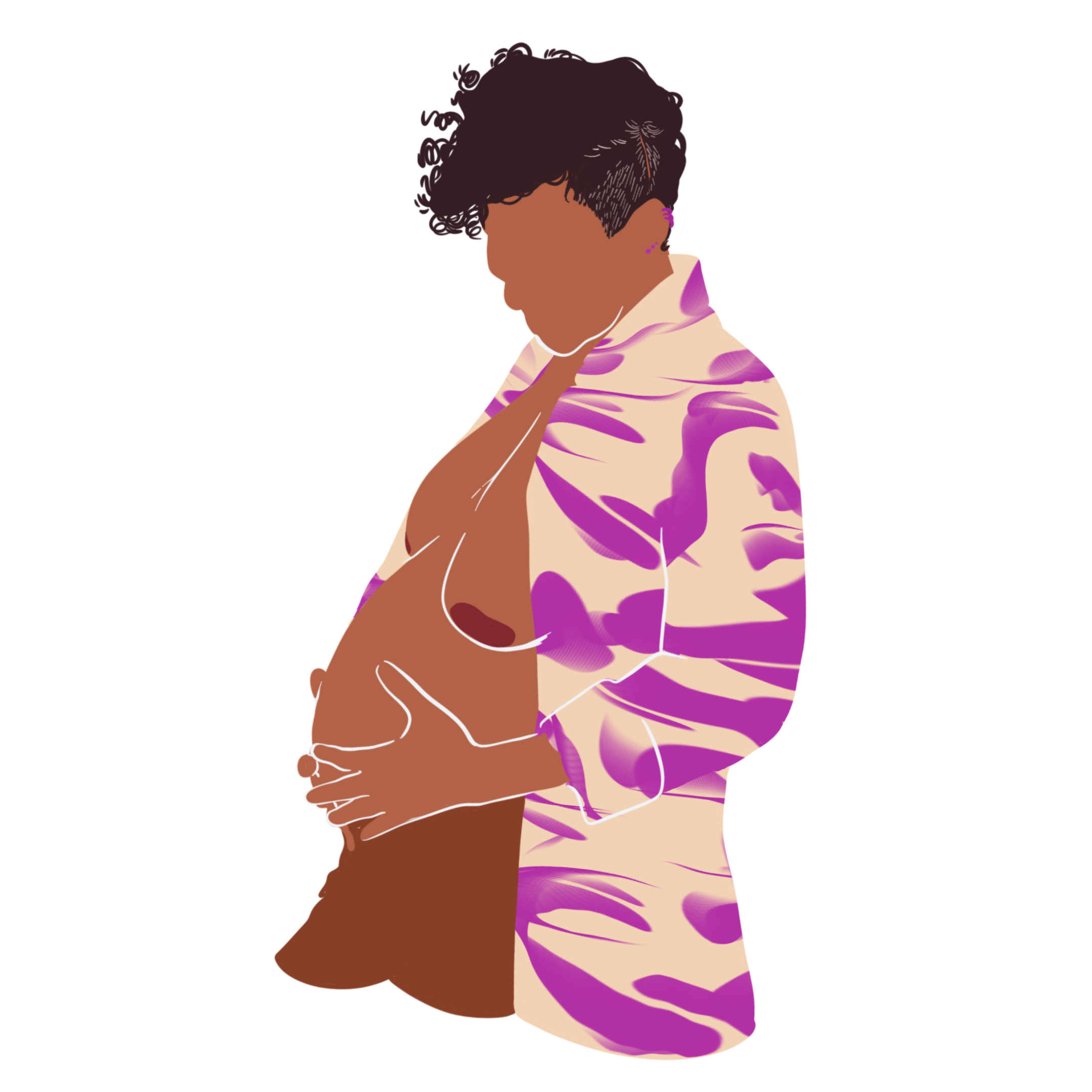 Illustration of a person with short, curly dark hair, wearing a light-colored top with purple abstract patterns, resting their hands on their stomach.