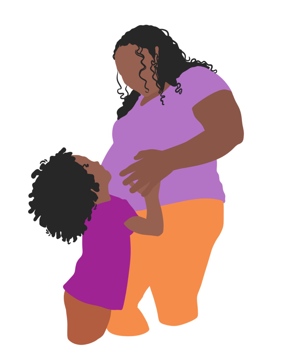 An adult woman with dark curly hair and brown skin, wearing a purple top and orange pants, stands embracing a young girl with darker curly hair and brown skin, wearing a purple dress.