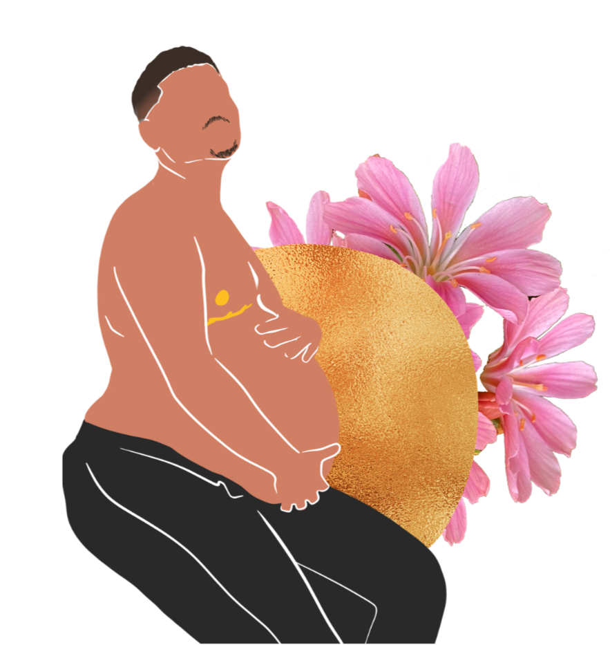 A digital illustration of a pregnant person with dark hair, wearing black pants, sitting with their hands on their stomach.
