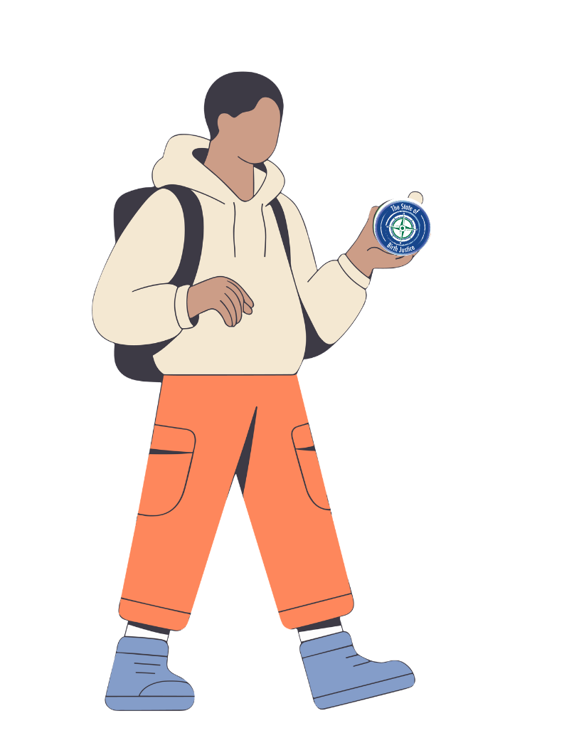 A person with short dark hair wearing a beige hoodie, orange cargo pants, and blue boots, carrying a black backpack and holding a badge with the seal of the State of New York.