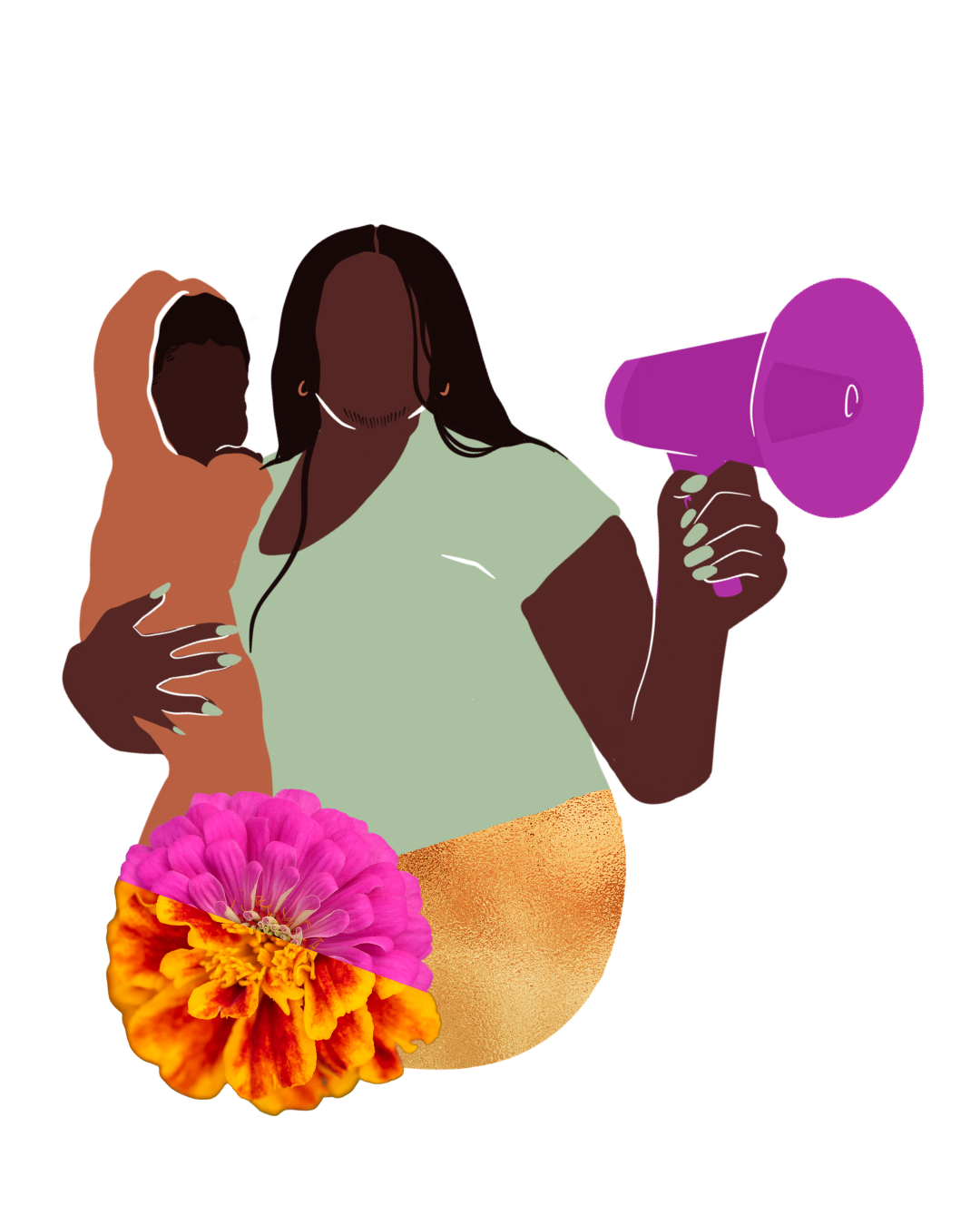 Illustration of a person holding a child in one arm and a purple megaphone in the other, with a large pink and orange flower at the bottom.