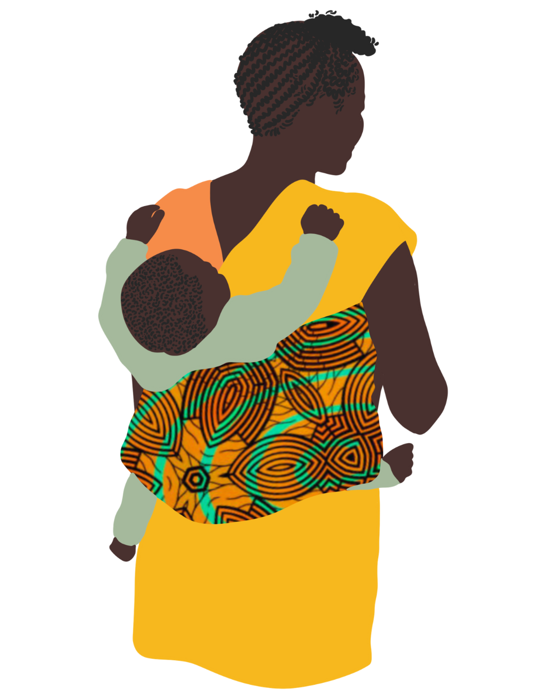 Illustration of a person holding a baby on their back, wrapped in a colorful patterned cloth.
