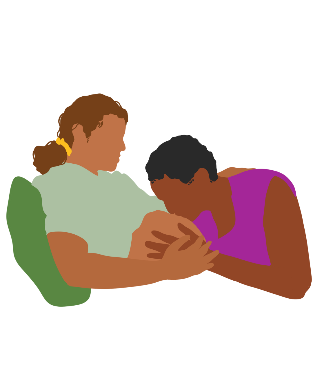 Two people sharing a tender moment, one is holding the other's hand while they kiss their pregnant stomach.