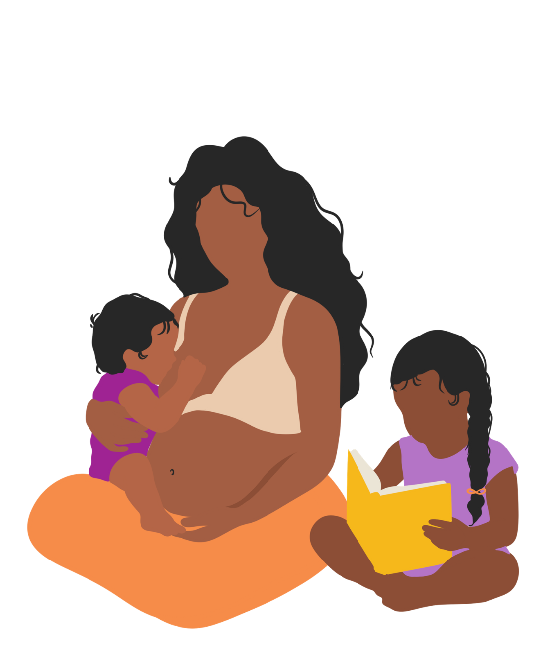 Illustration of a person breastfeeding their toddler while a young girl sits nearby reading a book.