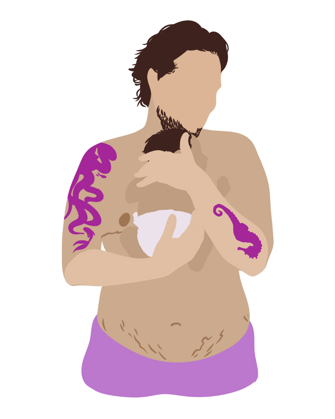 An illustration of a person with tattoos having skin to skin contact with their baby