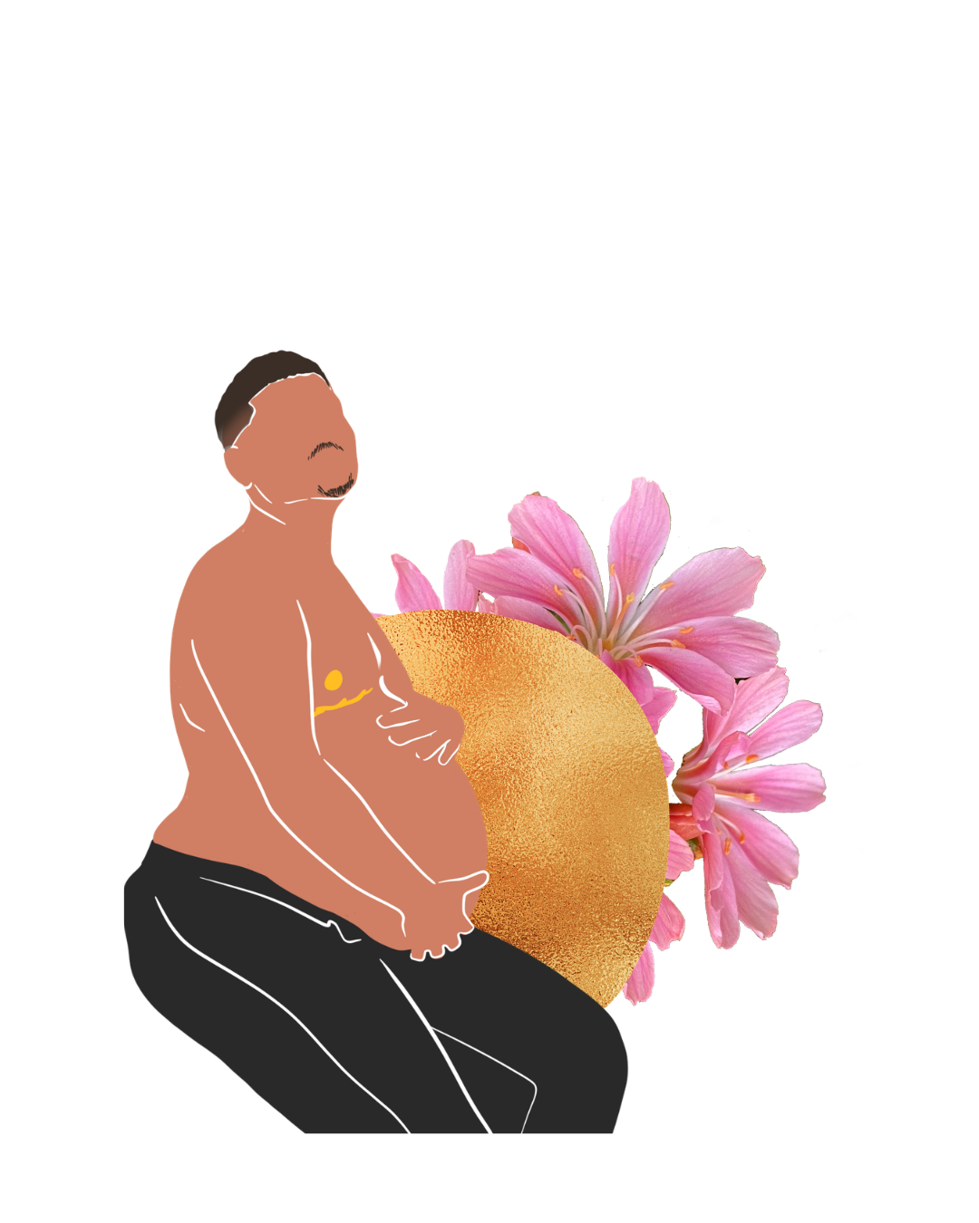 A digital illustration of a pregnant person with dark hair, wearing black pants, sitting with their hands on their stomach.