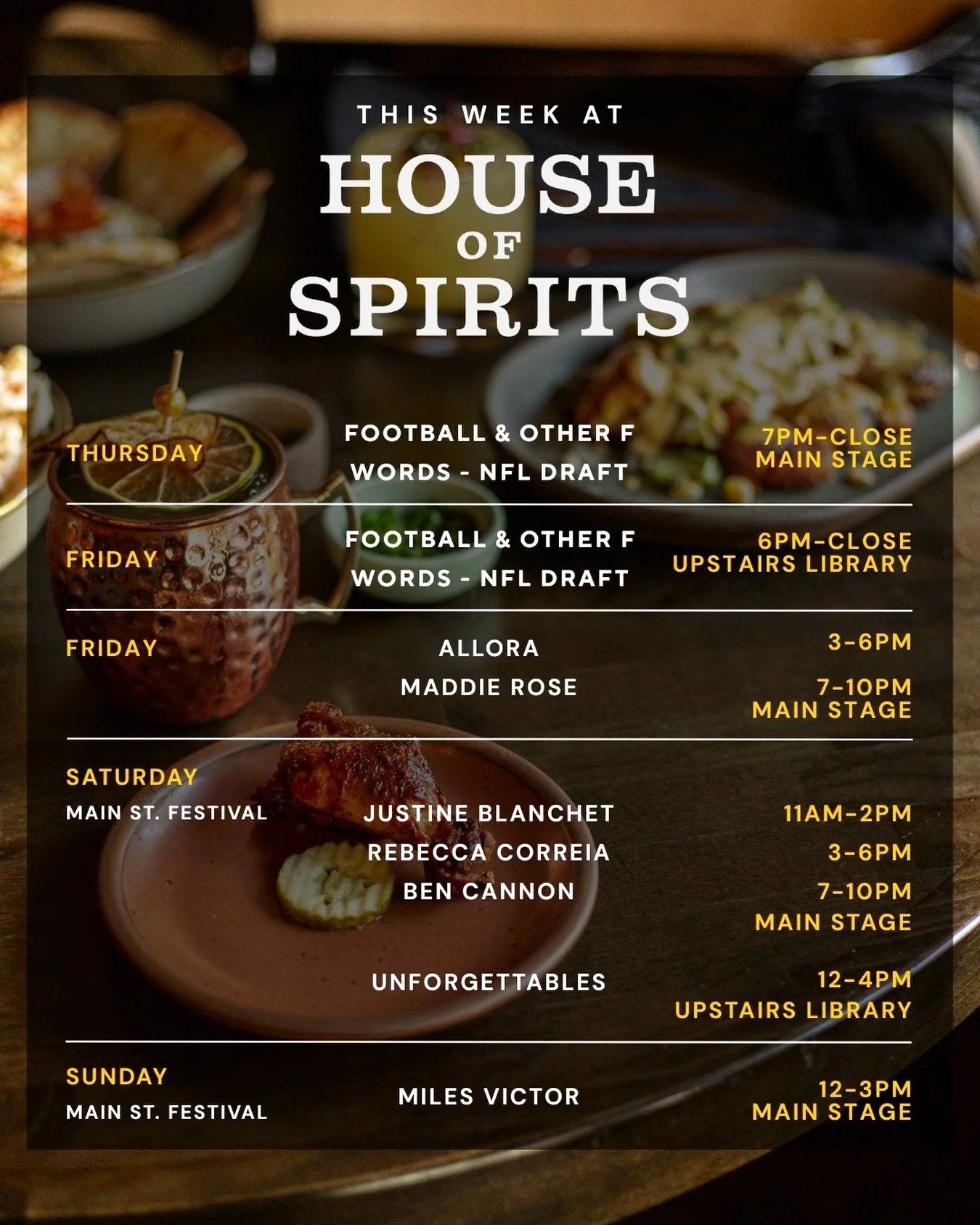 This weekend at House of Spirits is packed with good times, great food, and live entertainment!

Join us for our &ldquo;Football and other F Words&rdquo; NFL Draft Watch Party &mdash; where the picks are hot and the drinks are cold this Thursday and 