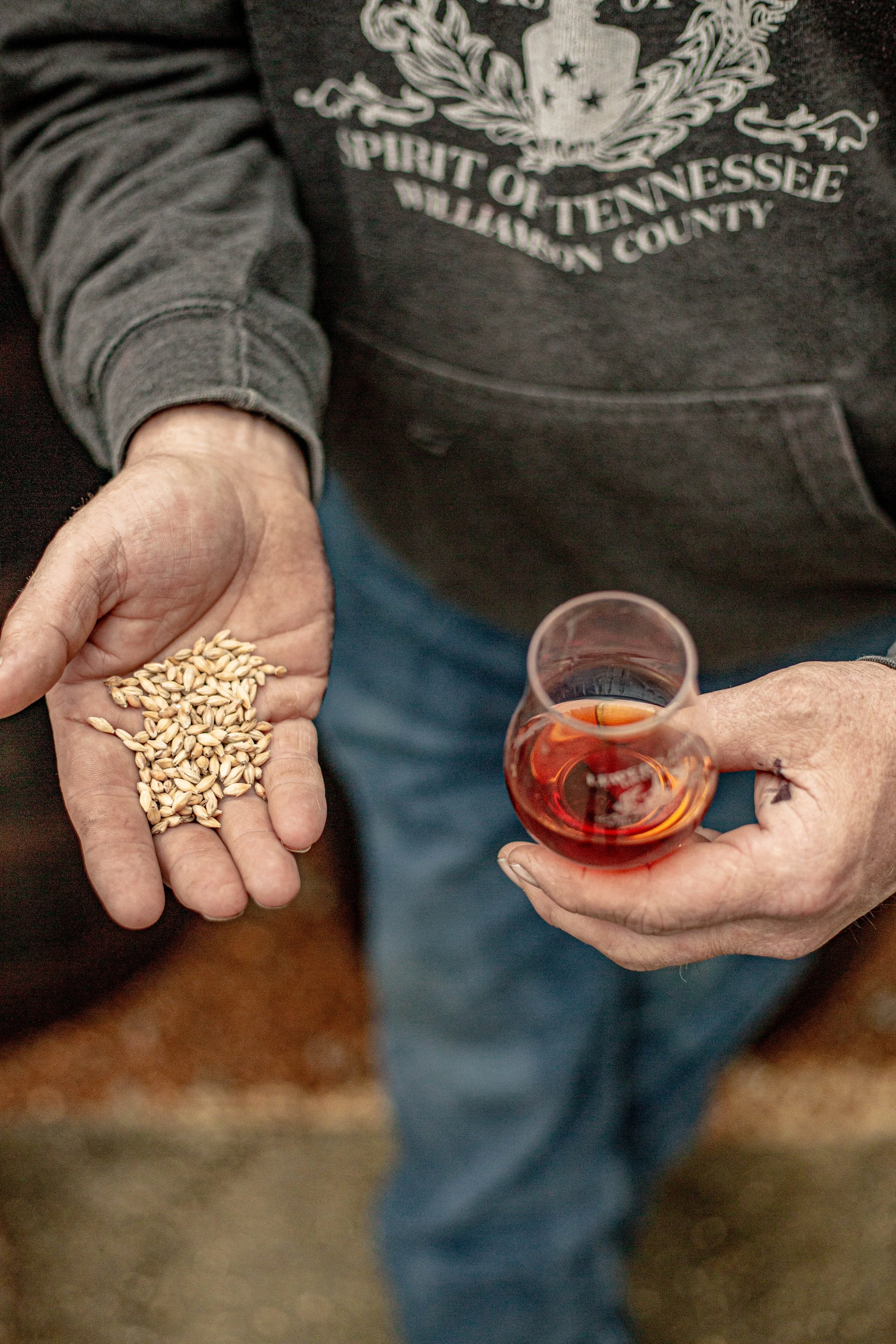 A person holding a handful of barley grains in one hand and a glass of amber-colored beverage in the other hand.