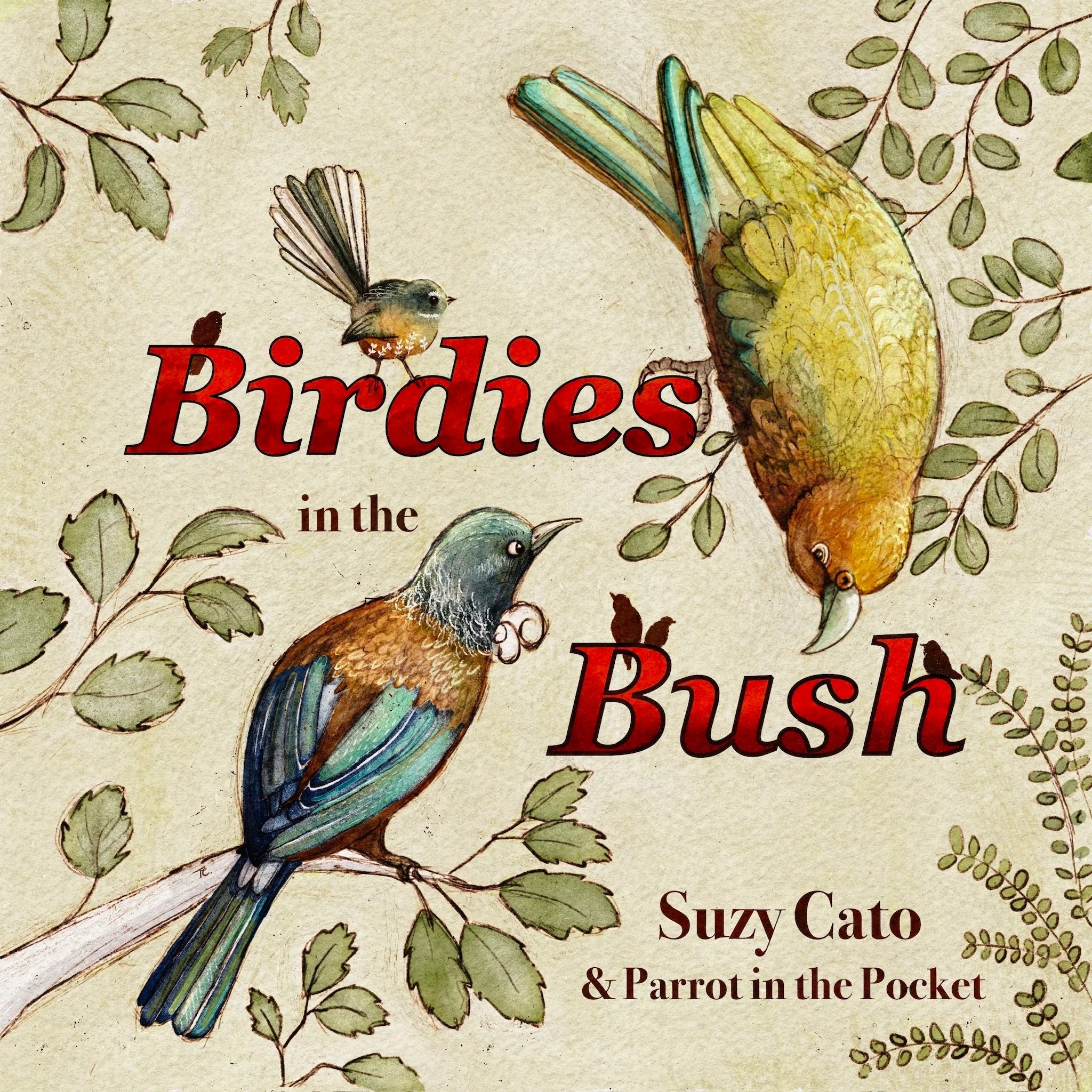 Birdies in the Bush - Album Cover for Suzy Cato and Parrot in the Pocket - Illustration