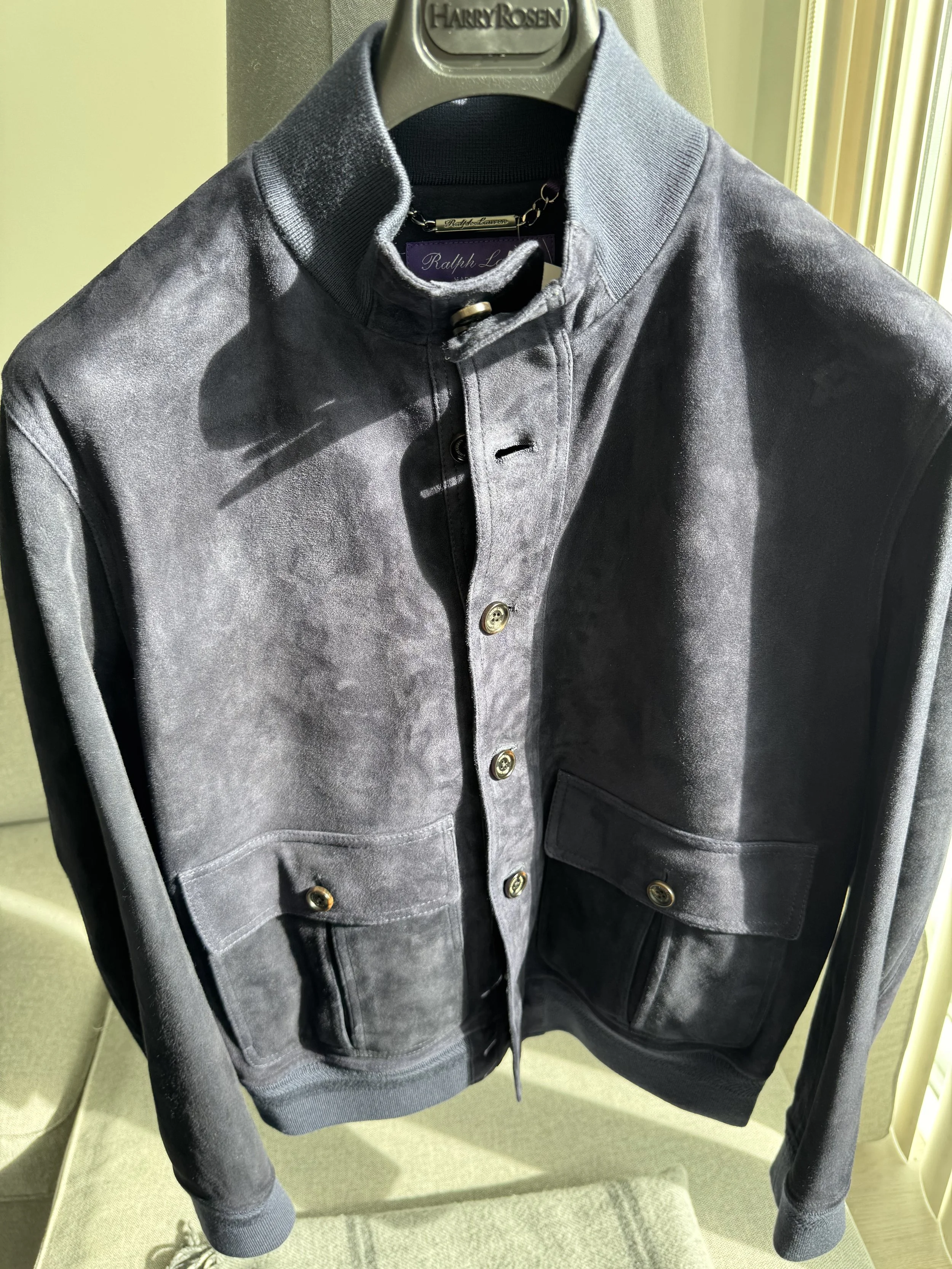 Ralph Lauren Purple Label Navy Suede Bomber Jacket Size M - Sold