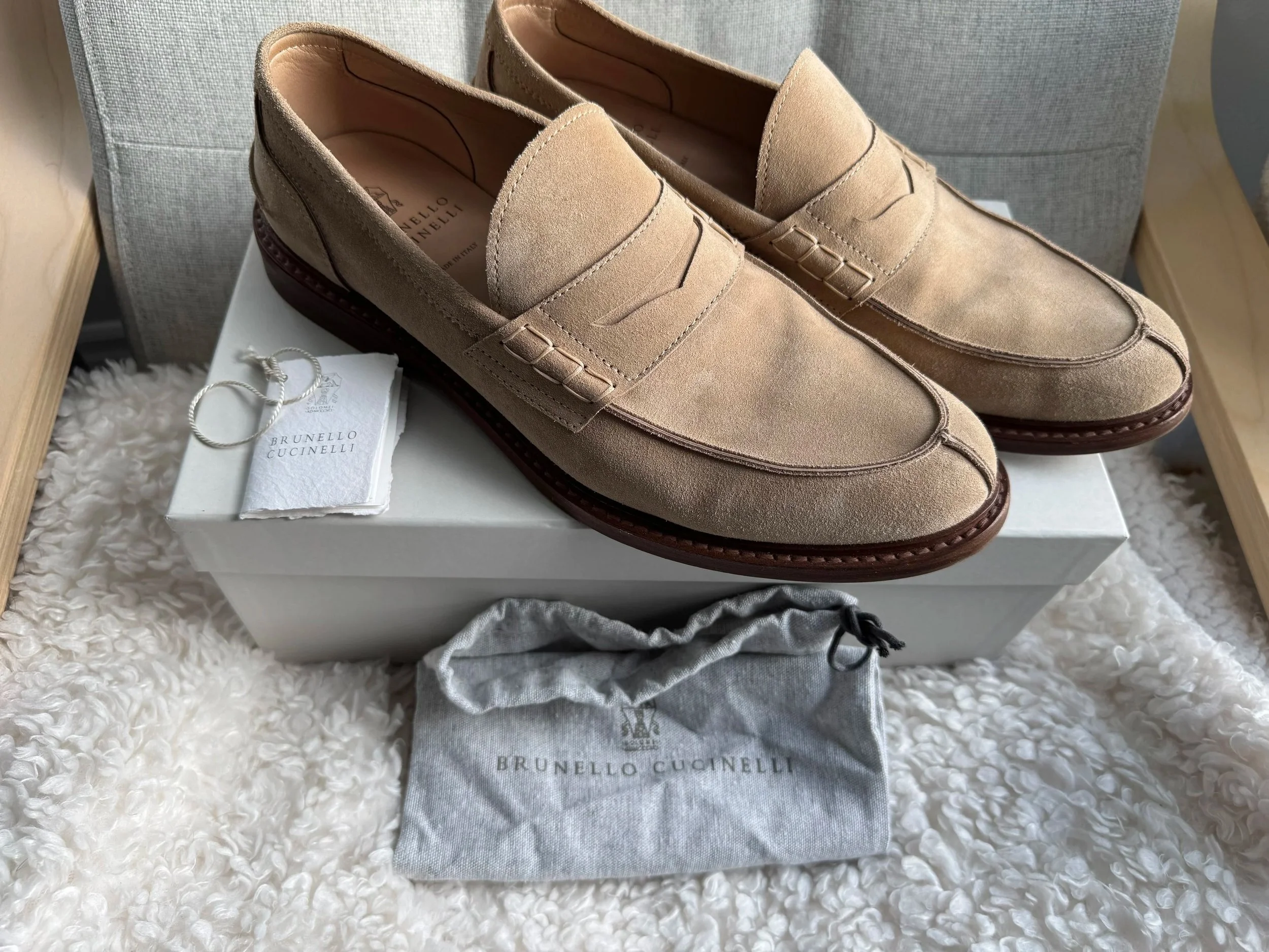 Brunello Cucinelli Taupe Penny Loafers in Suede Size 44.5 - Sold