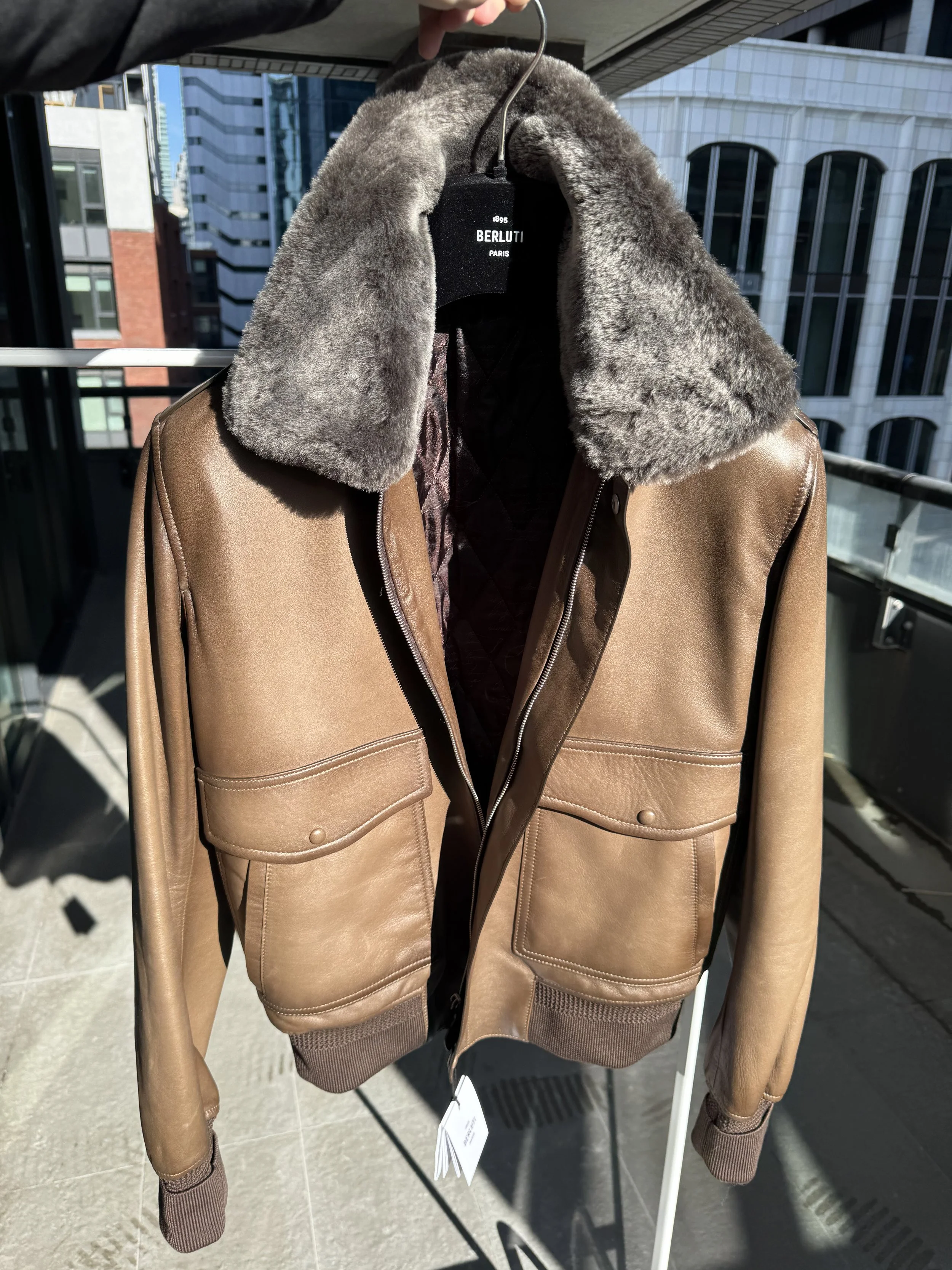 Berluti Patina Leather Jacket with a Shearling Collar Size 48 - Sold 