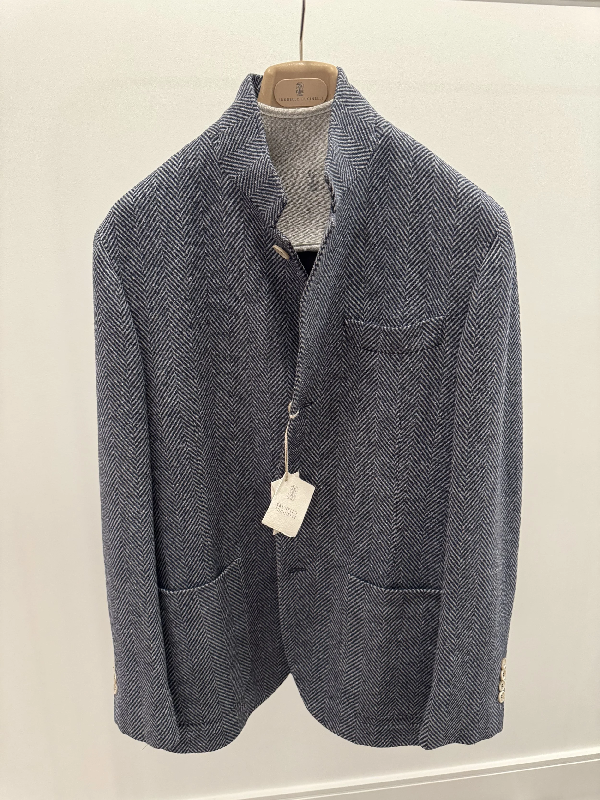 Brunello Cucinelli Blazer Outerwear in Grey-Blue Herringbone Size 50 - Sold