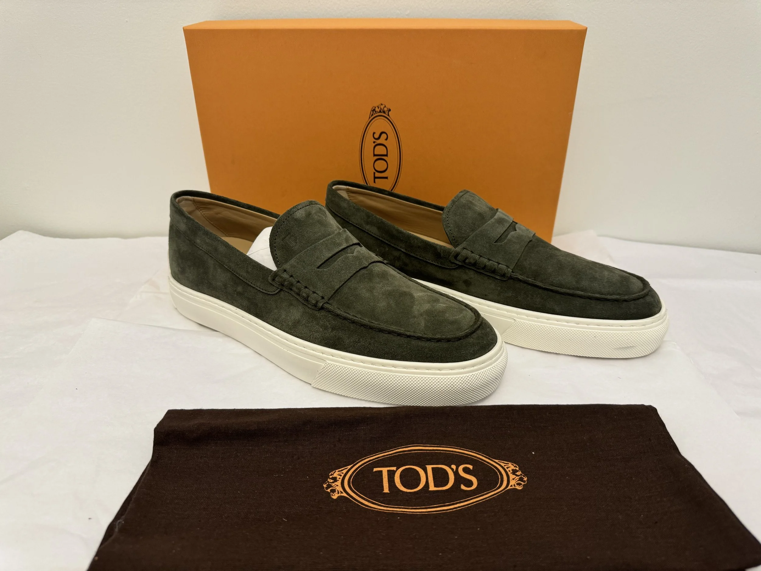 Tod's Forest Green Suede Loafers Size 44 - Sold